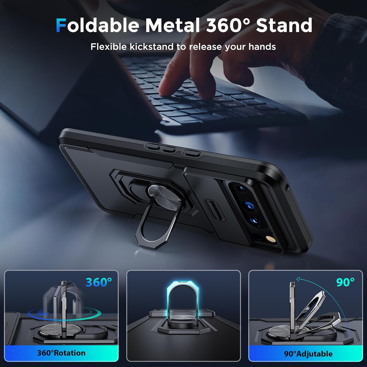 Simtect Funda para Google Pixel 8 Pro con cubierta de cámara, protección militar contra caídas de 14 pies soporte de anillo de rotación de 360 Funda