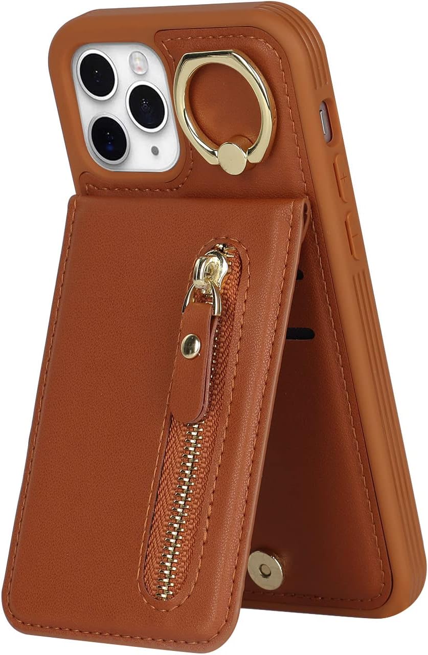 Funda para iPhone 11 Pro con tarjetero para iPhone 11 Pro, cartera con tarjeta de crédito con anillo, cierre de cremallera, a prueba de golpes,