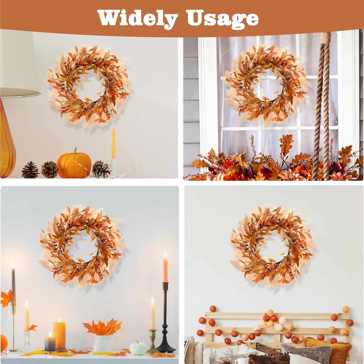 Corona de otoño para puerta delantera, corona de otoño de 20 pulgadas, corona de puerta delantera de otoño con ganchos para decoración de porche