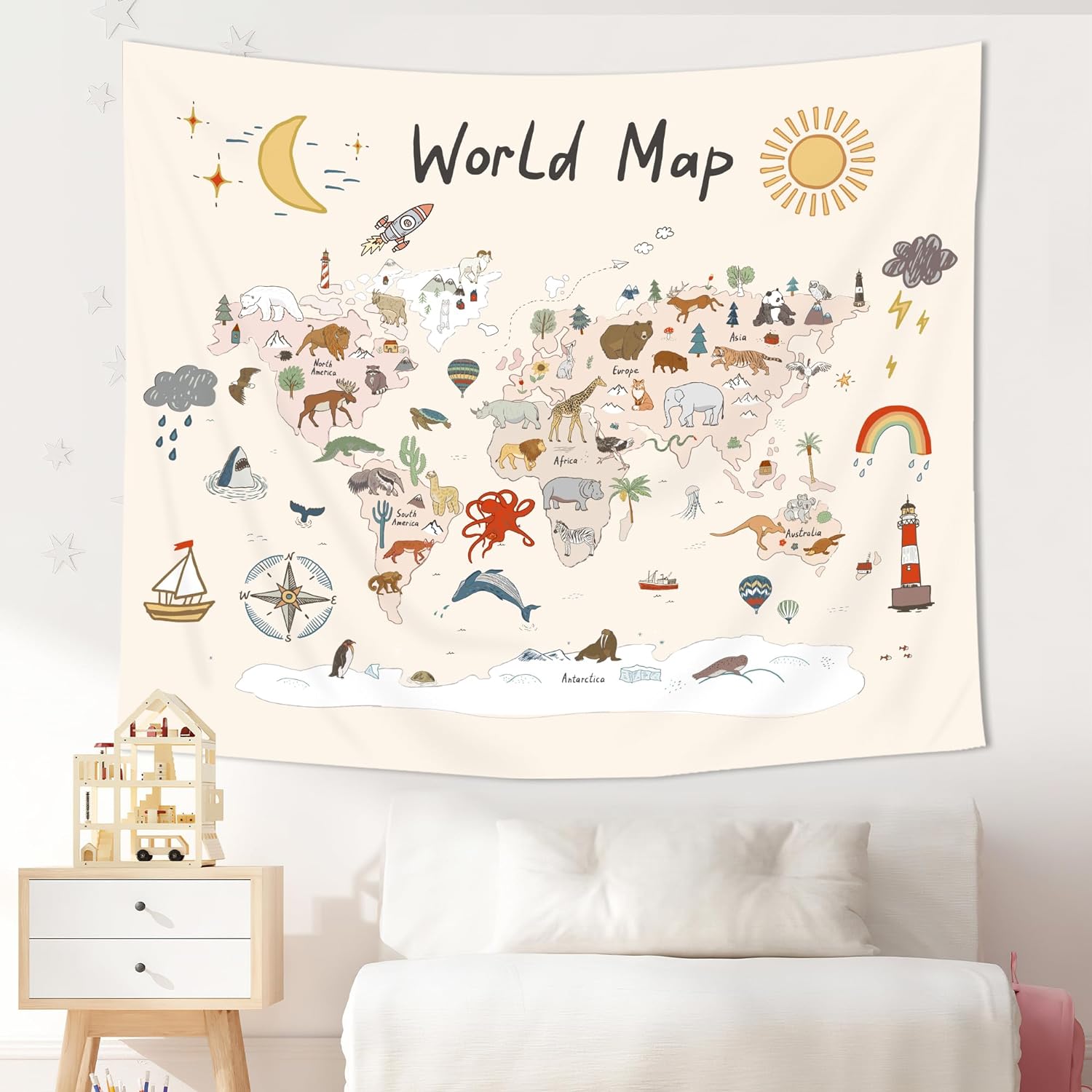 Imirell Tapiz de mapa del mundo para niños, 59 pulgadas de ancho x 51 pulgadas de alto, lindo animal de dibujos animados, herramienta de aprendizaje