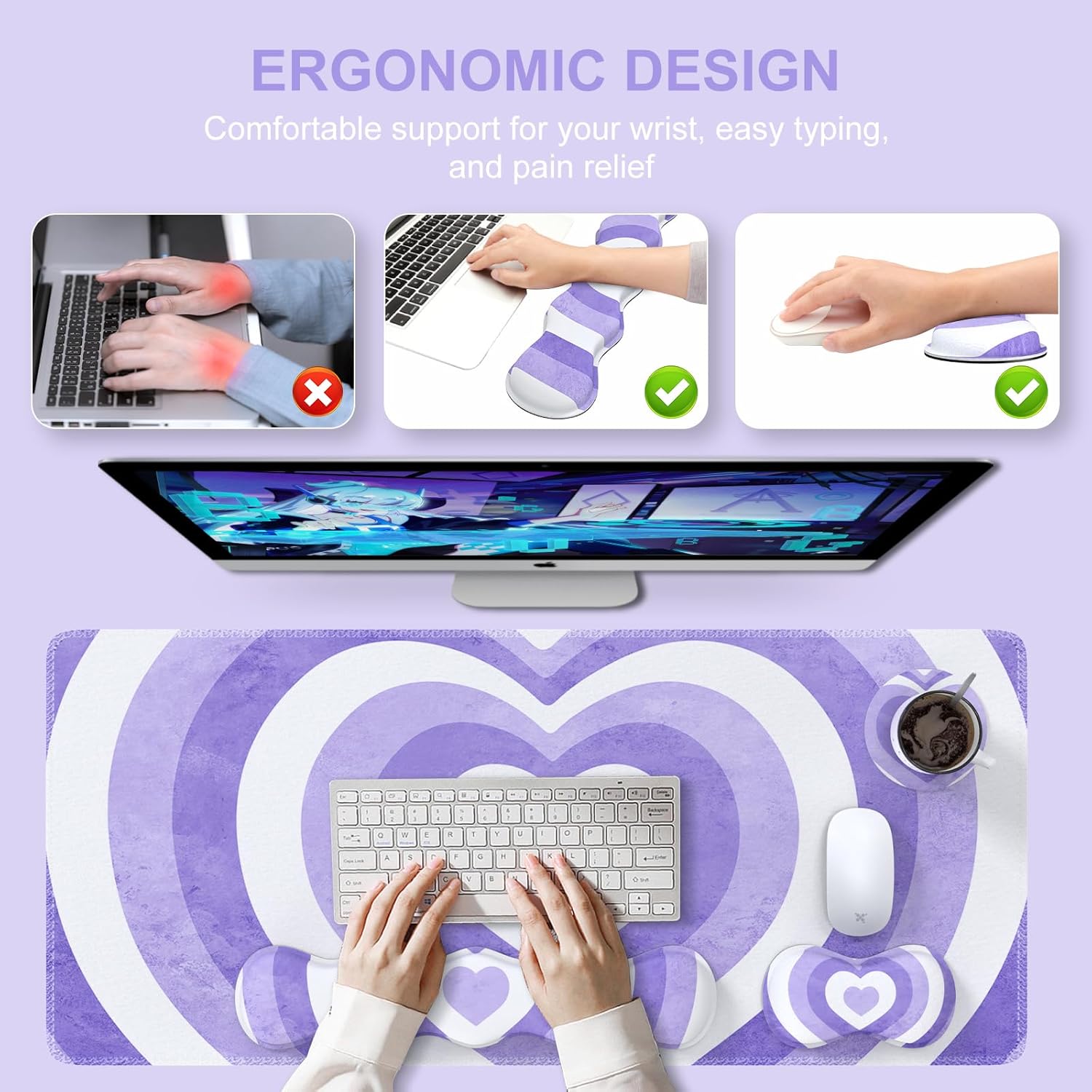 iLeadon Juego de alfombrillas para mouse, alfombrilla de escritorio + alfombrilla para mouse con reposamuñecas + reposamuñecas para teclado +