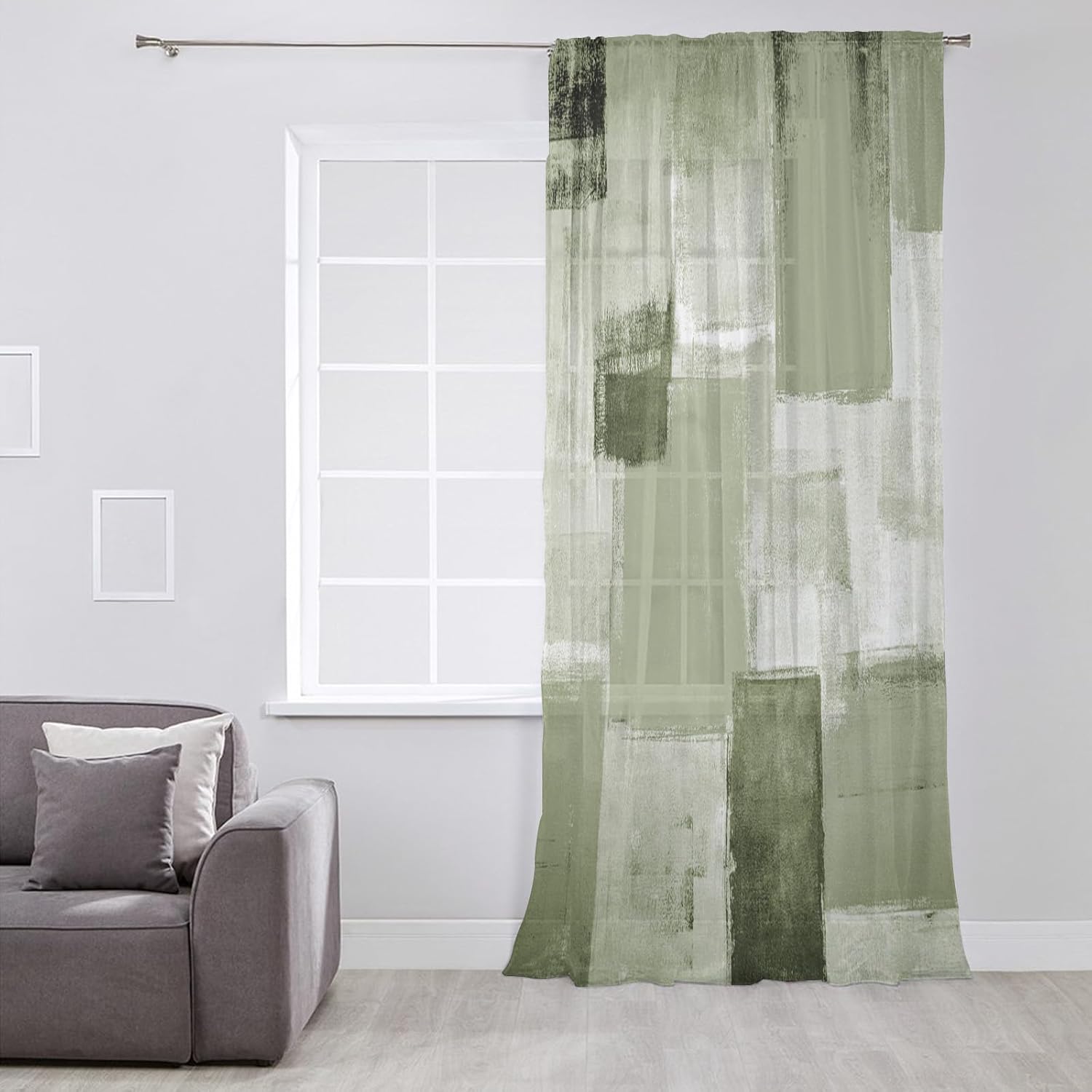 Sage Green Geometric Window Curtains 63 Inches Long,Semi Sheer Rod Pocket Chiffon Curtains & Drapes Drapery Voile Draperies Window Treatment for