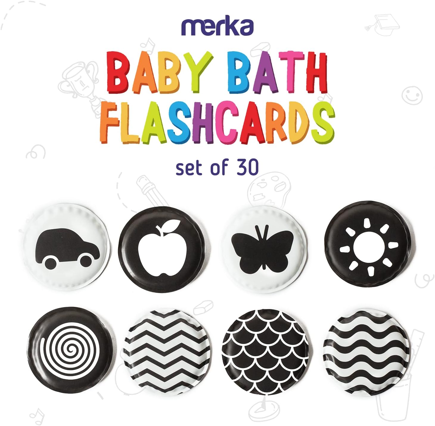merka Juguetes para bebés de alto contraste para recién nacidos, juguetes de baño sin moho, tarjetas blancas y negras para bebés, juego de 30