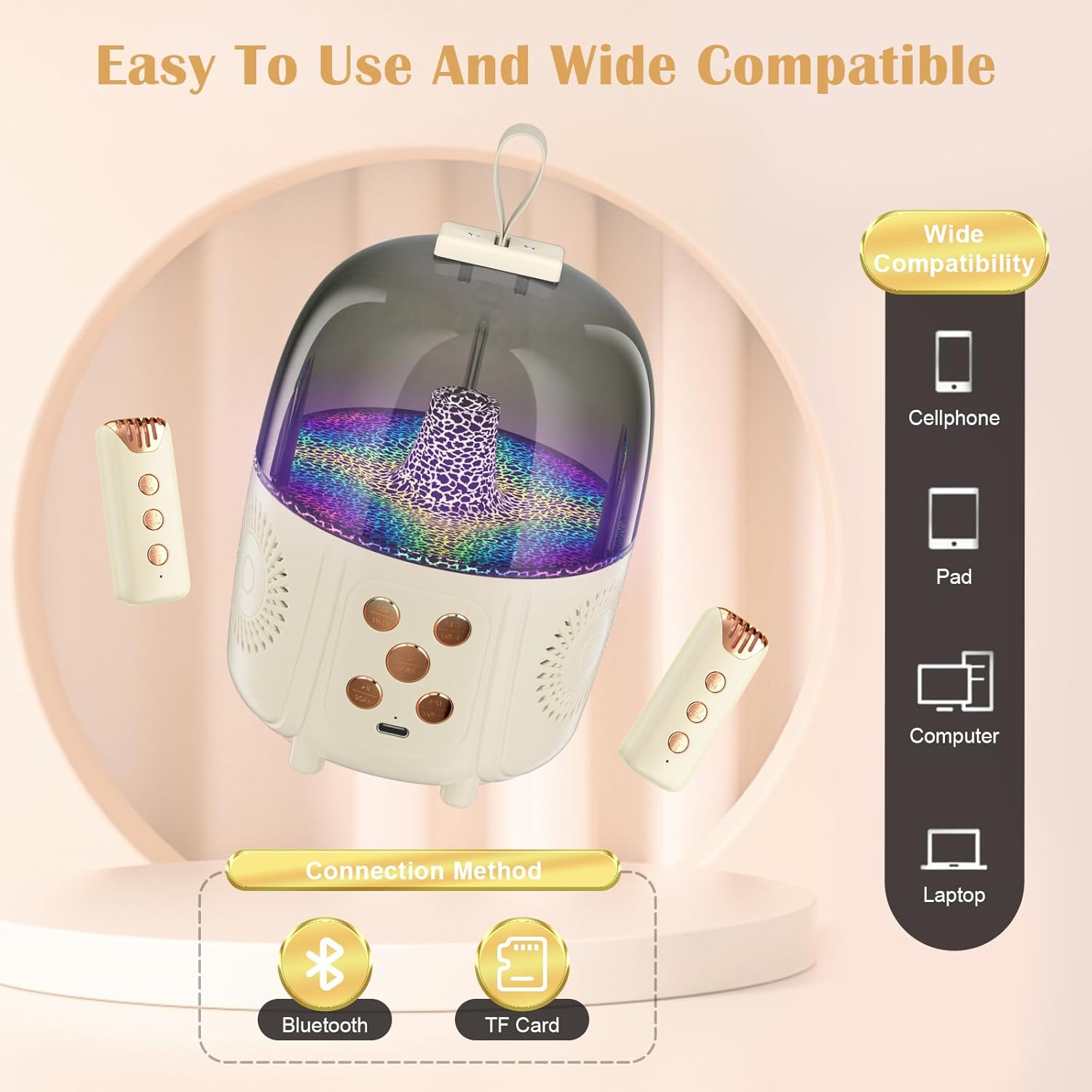 Máquina portátil de karaoke Bluetooth y 2 micrófonos inalámbricos para niñas y niños con coro inalámbrico, luz ambiental, sonido estéreo 3D para
