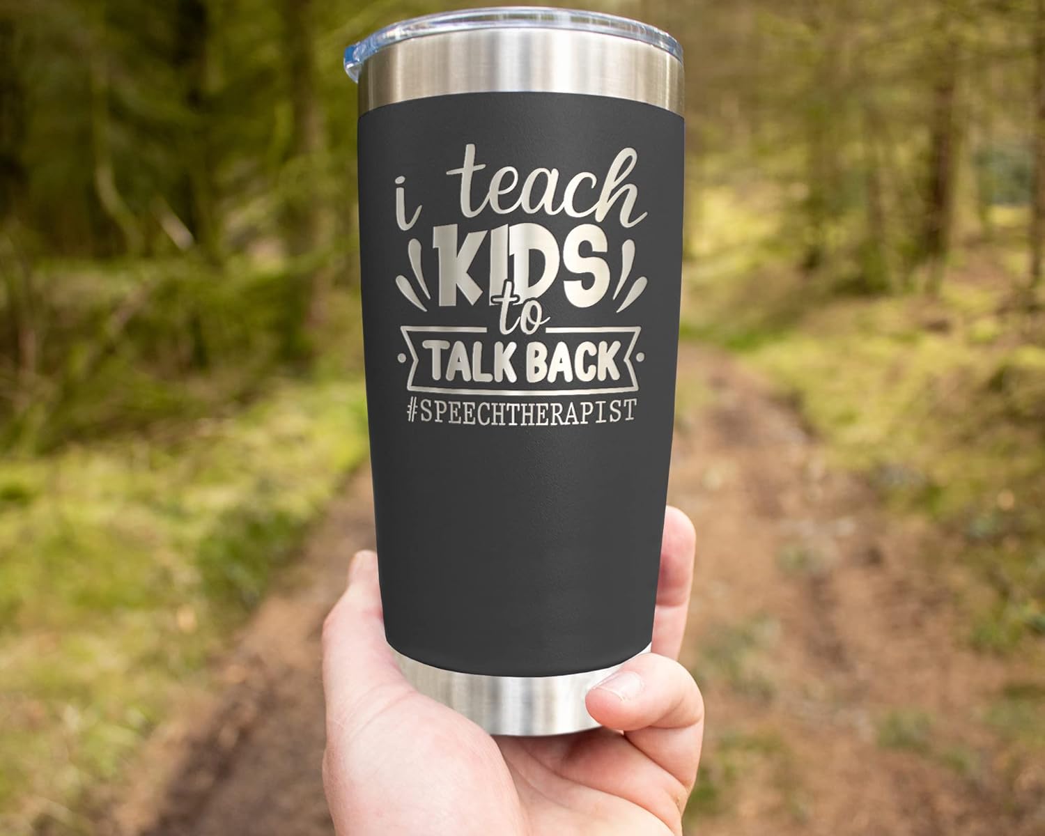 HTDesigns Vaso grabado para terapeuta del habla con texto en inglés “I Teach Kids To Talk Back”, regalo para terapeuta del habla y lenguaje, vaso
