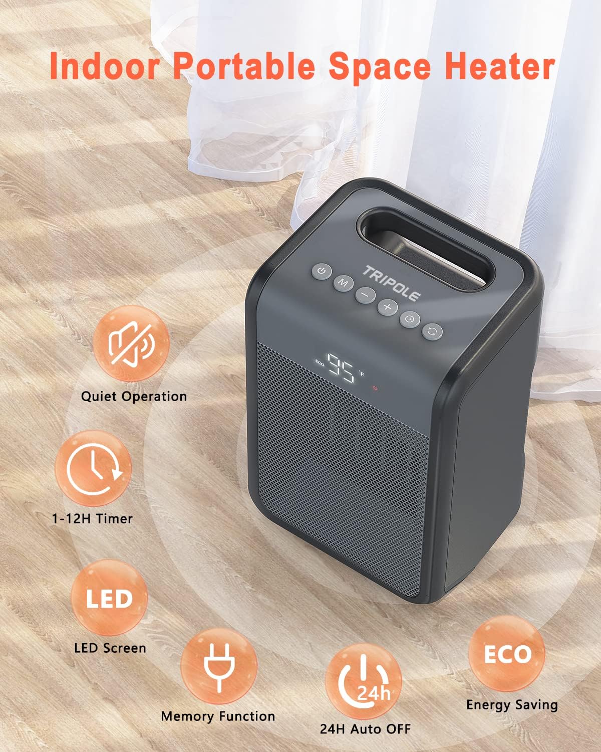 TriPole Calentador eléctrico portátil con termostato, calentadores oscilantes de 80 para uso en interiores, calentador de cerámica PTC de
