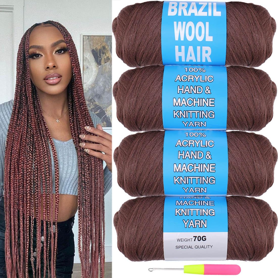 COOKOO 4 rollos de hilo acrílico de lana brasileña para cabello de ganchillo africano, trenzas sengalesas, trenzas jumbo, trenzas de pelo sintético,