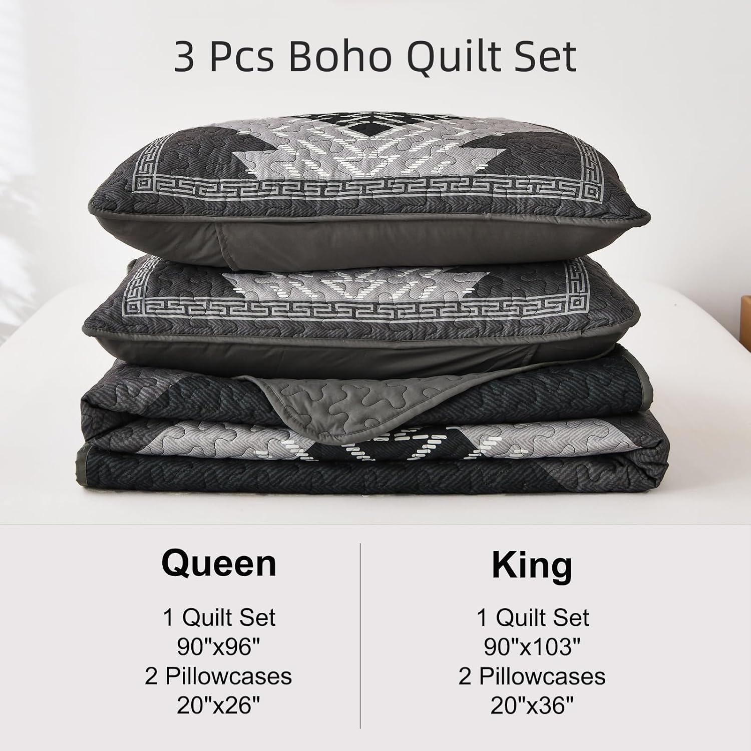 Dintszyayue Juego de edredón bohemio de 3 piezas, tamaño King, con textura azteca negro, gris, juego de ropa de cama bohemia de microfibra ligera