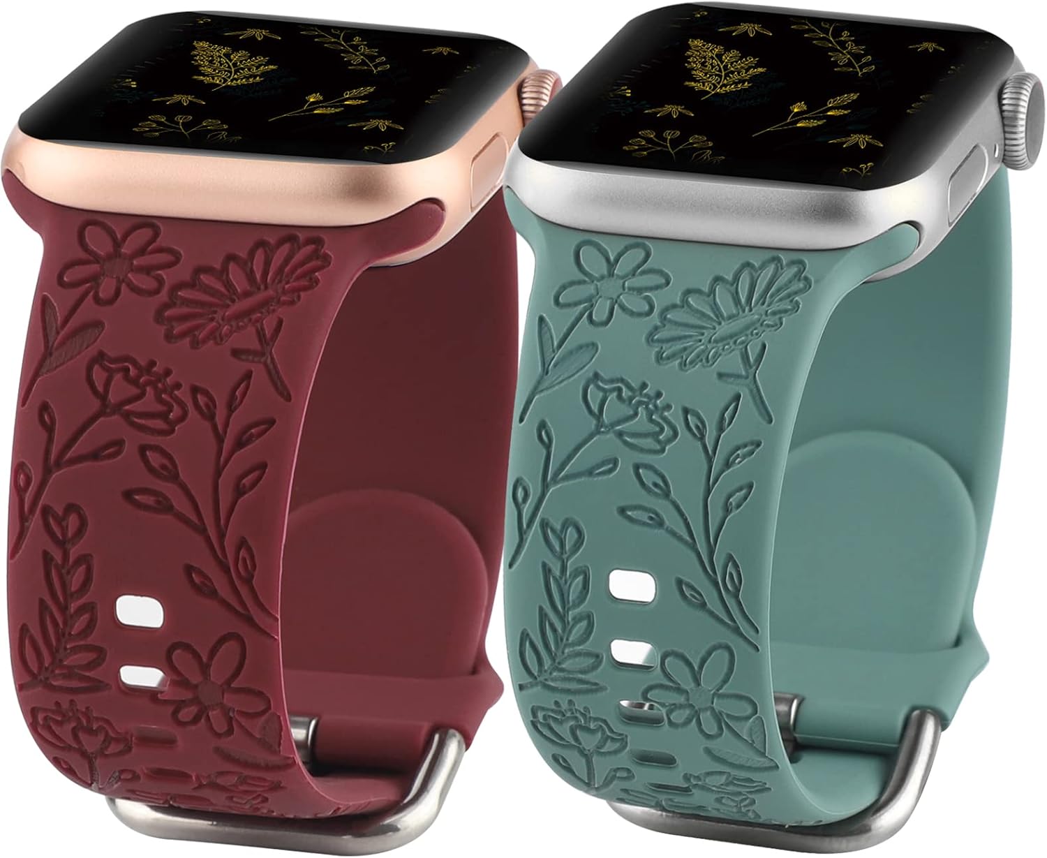 Paquete de 2 correas deportivas grabadas con flores compatibles con correas de Apple Watch de 1.496 pulgadas, 1.575 pulgadas, 1.614 pulgadas,