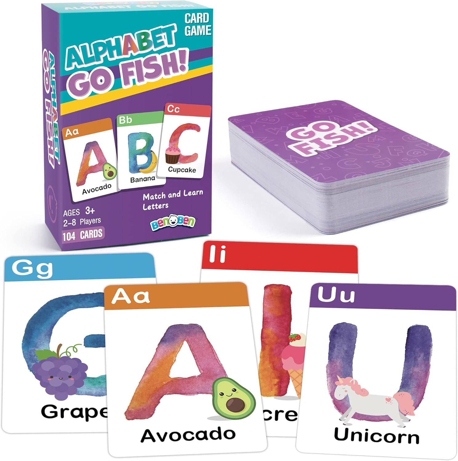 BenBen Juego de cartas Alphabet Go Fish para niños, 104 cartas, cartas de aprendizaje ABC de gran tamaño, juegos de memoria a juego, 2 a 8