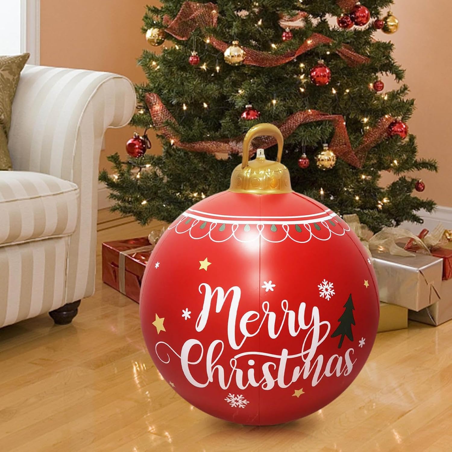 Bola gigante de PVC inflable decorada de 24 pulgadas  Feliz día festivo para interiores y exteriores, adornos para vacaciones, patio, césped,