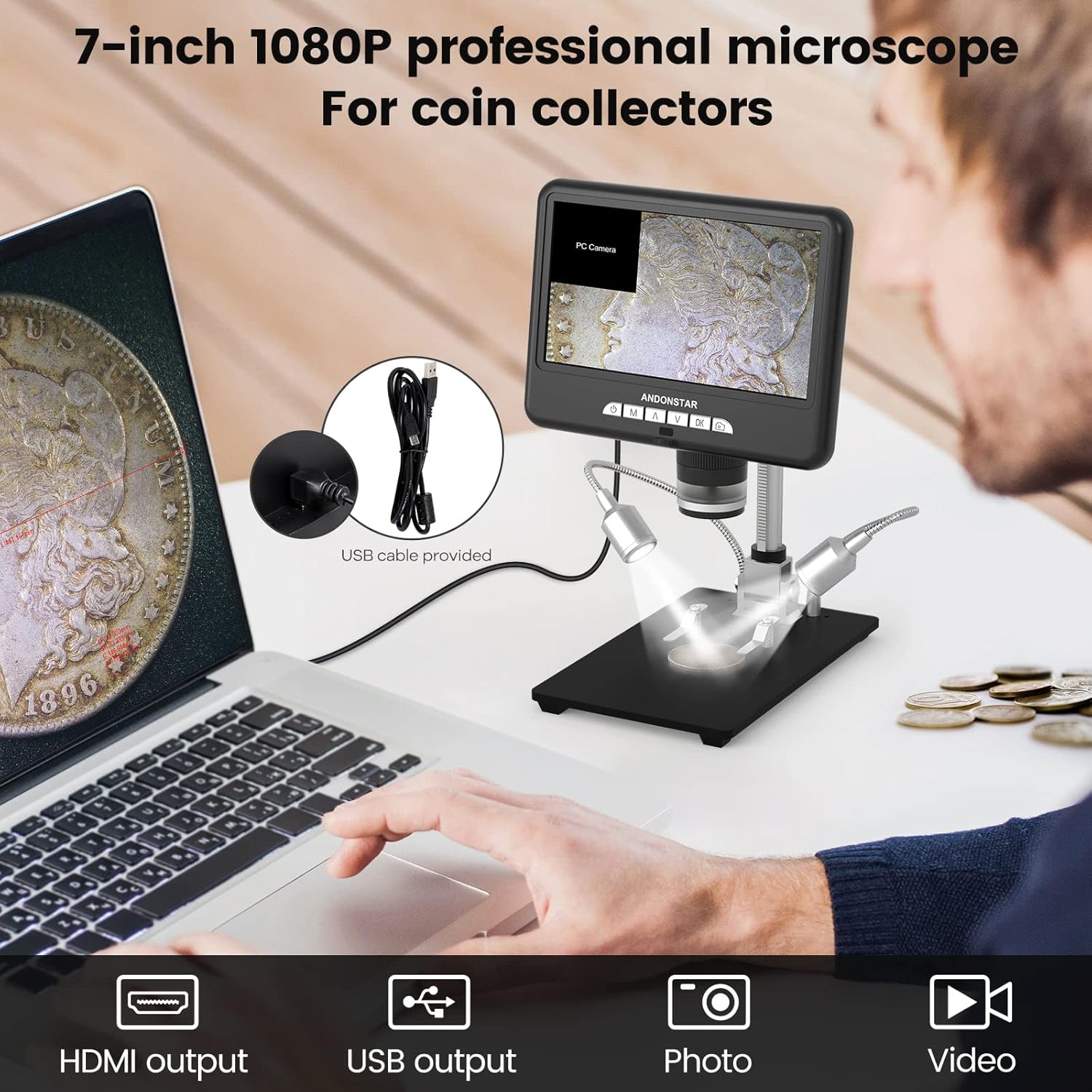 Andonstar Microscopio digital HDMI AD207S con pantalla LCD de 7 pulgadas, microscopio de soldadura, microscopio de moneda para monedas de error, kit