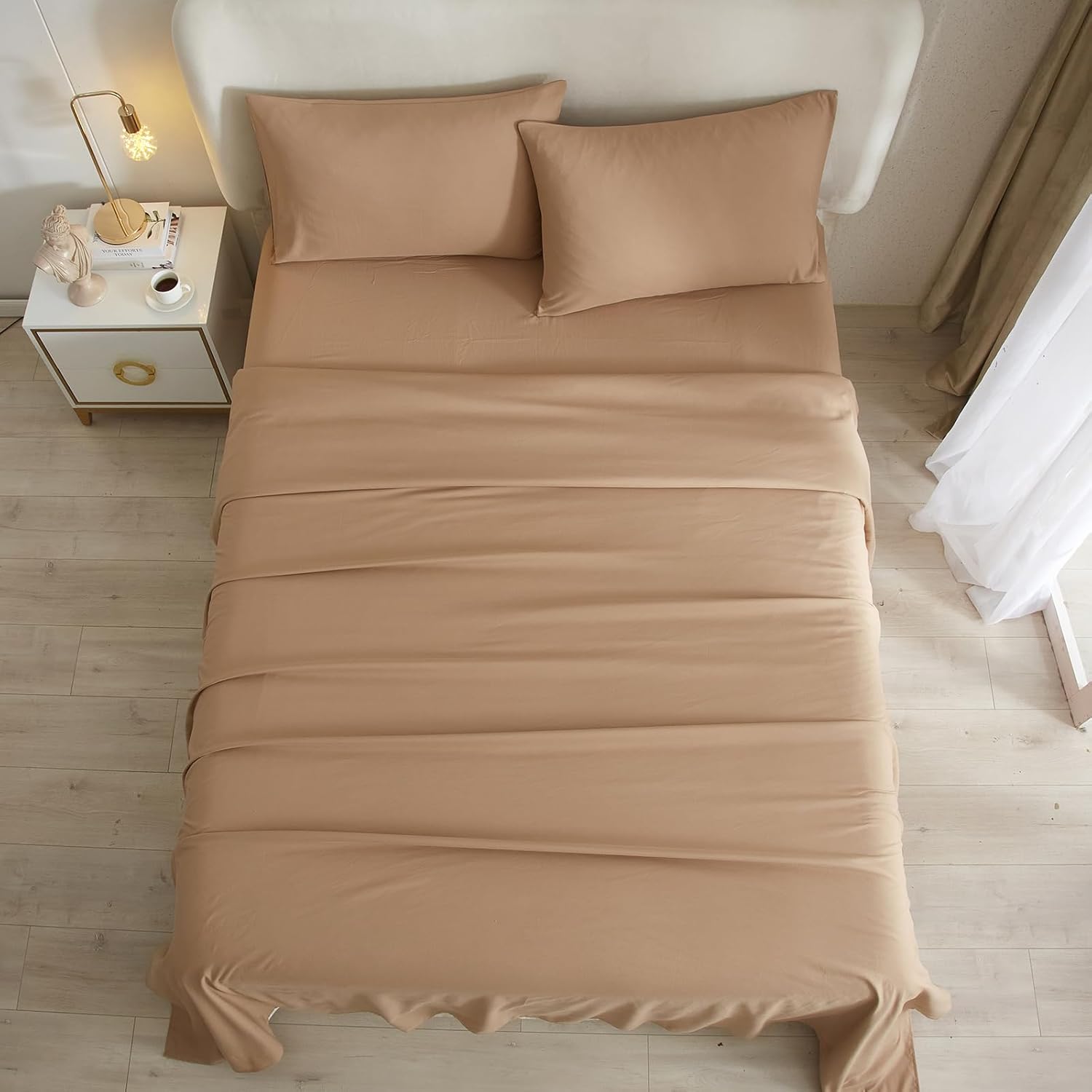 Juego de sábanas de 4 piezas, tamaño Queen, beige camello, refrescantes, sábanas y fundas de almohada, fácil ajuste, gran caída lateral de hasta 16