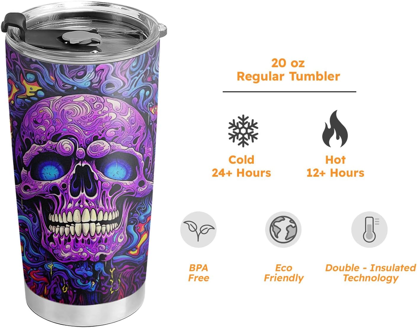 Vaso de Halloween de 20 onzas, vaso de calavera de azúcar, calavera de caramelo, vaso de calavera de azúcar y calabaza de Halloween, taza de viaje