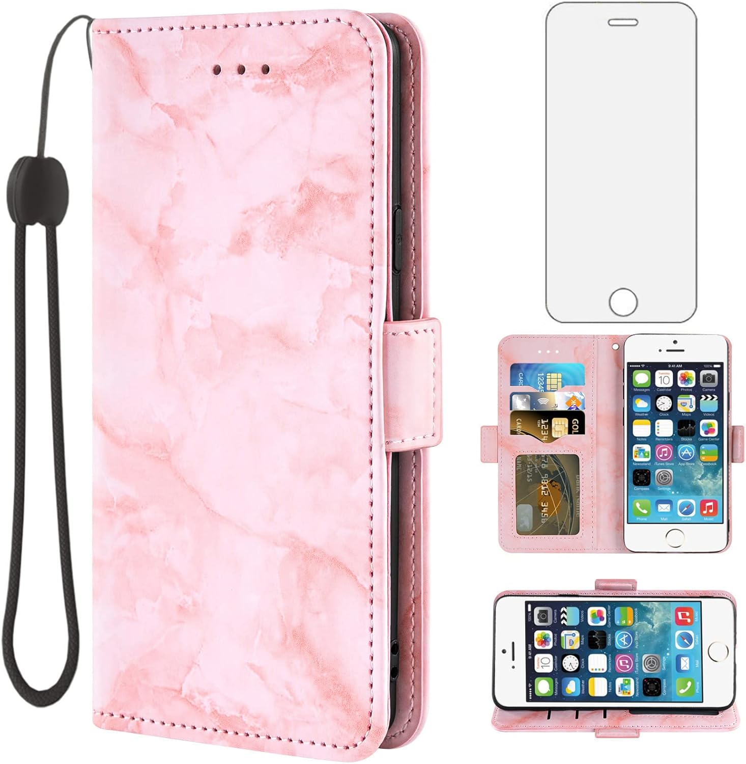 Asuwish Funda compatible con iPhone 5S 5 SE 2016 5SE y protector de pantalla de vidrio templado, tarjetero con función atril de mármol para iPhone