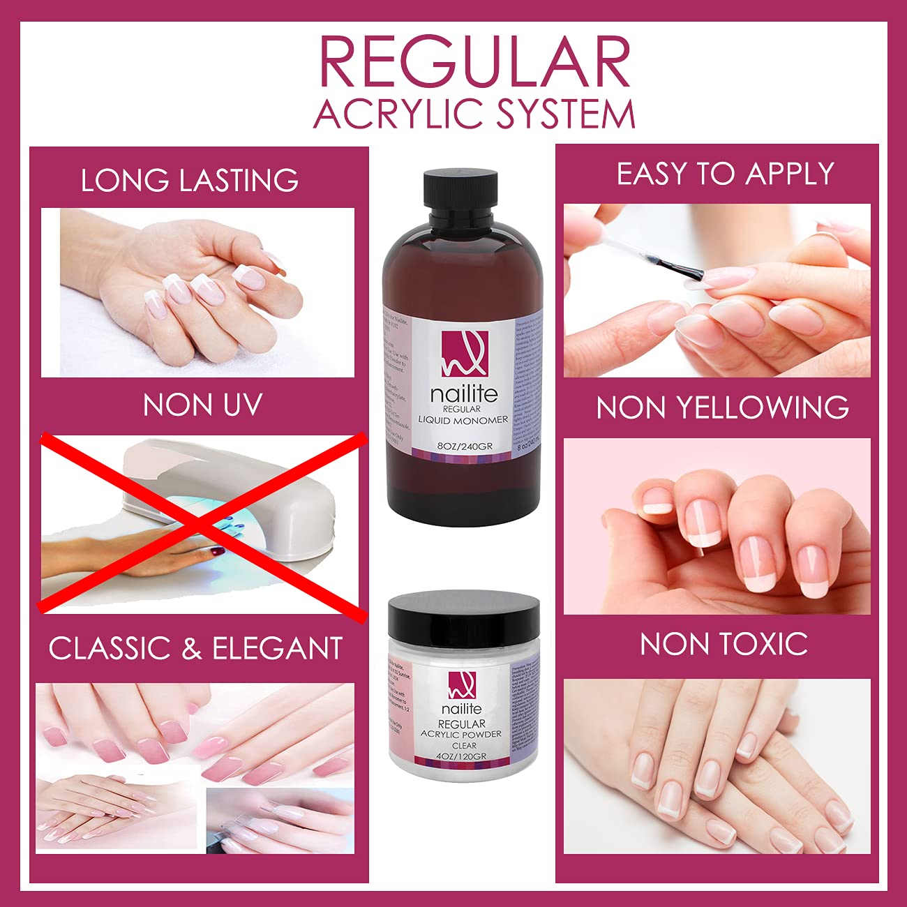 Nailite Regular – Polvo acrílico profesional para extensión de uñas, sistema de ajuste lento, fórmula EMA y efecto no amarillento, transparente (8