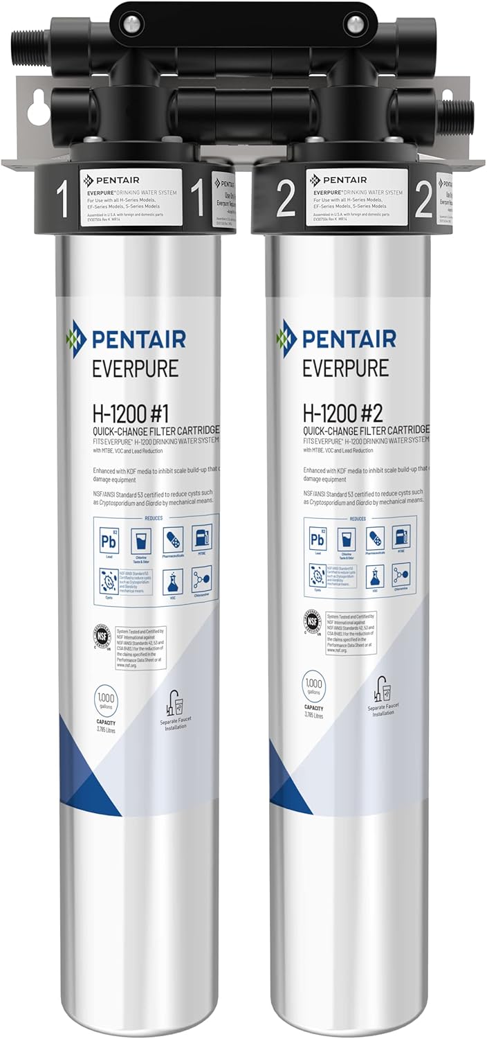 Pentair Everpure H-1200 – Sistema de agua potable, EV928200, certificado NSF para reducir PFOAPFOS, sistema de cartucho doble que incluye cabezal de