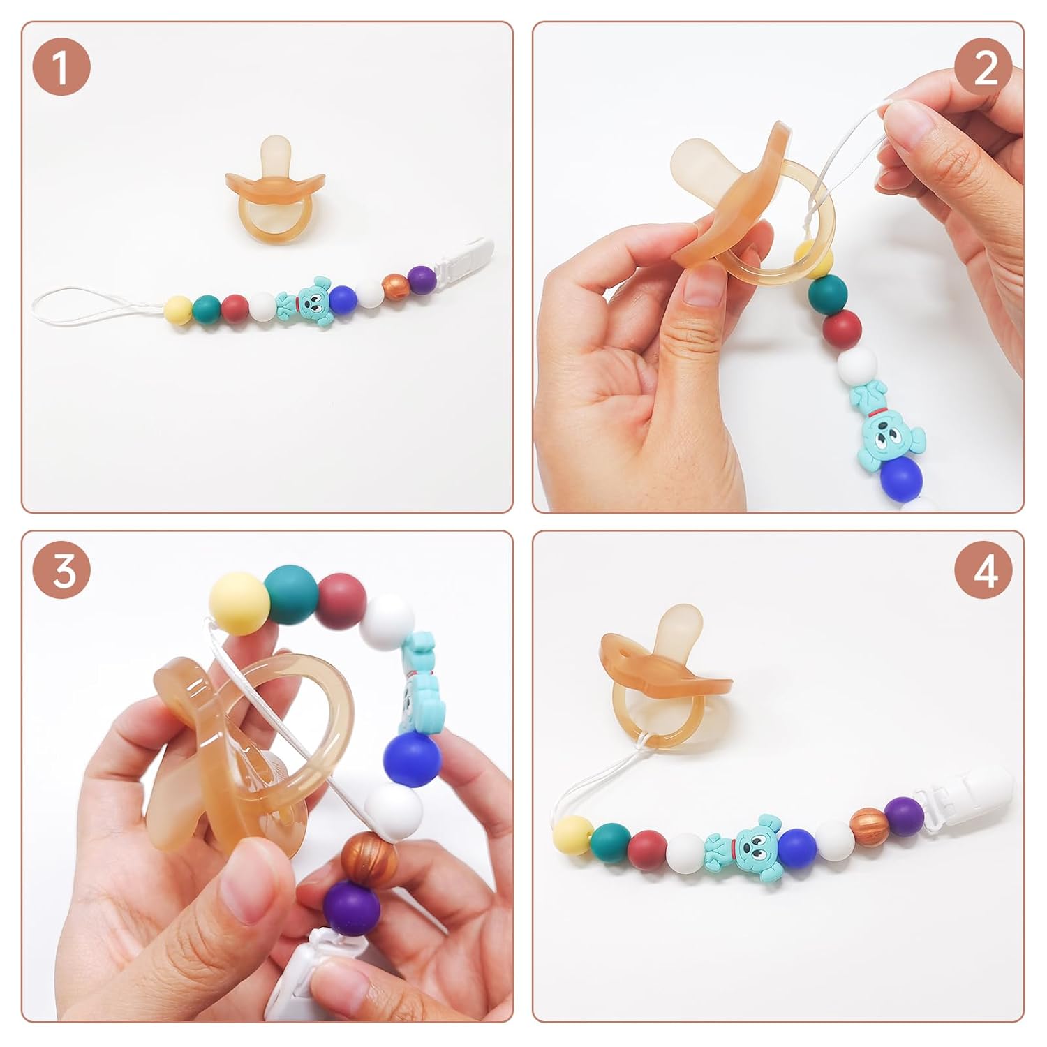 Paquete de 4 clips para chupete de bebé, clip de silicona para chupete para bebés niñas y niños, lindo clip de chupete de dibujos animados colorido