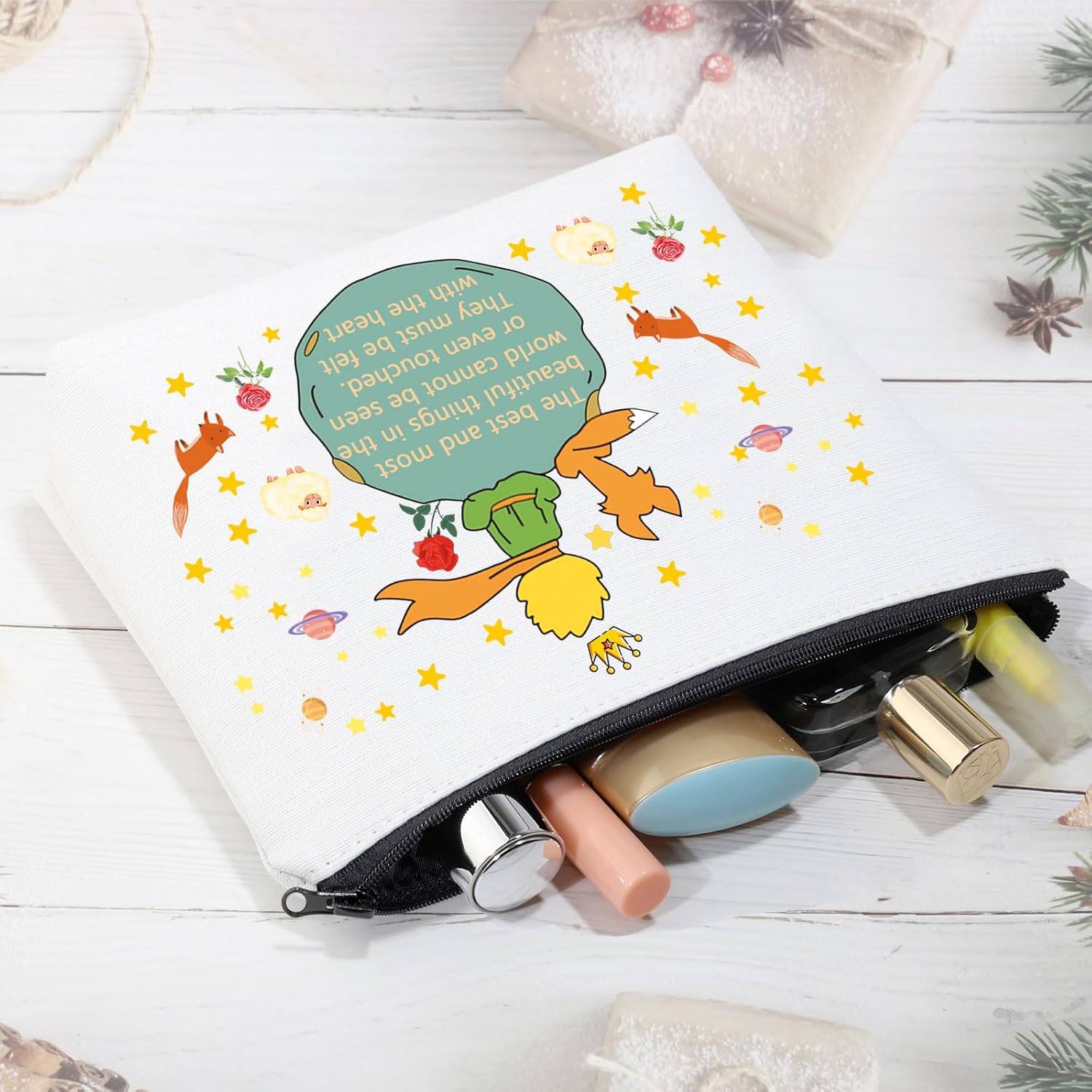 CMNIM Bolsa de maquillaje de Principe Principito para regalar a los amantes de los libros, bolsa de cosméticos, bolsa de viaje con cremallera,