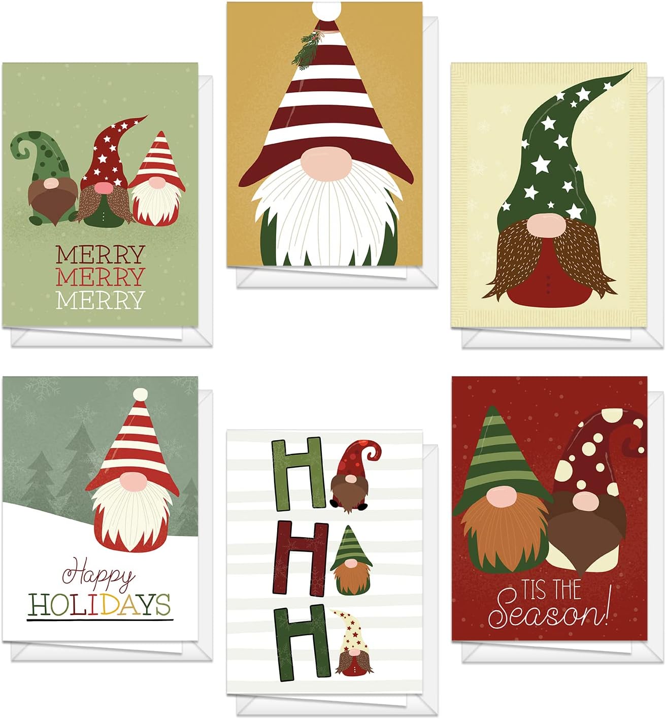Adorable paquete de tarjetas navideñas de gnomo, 24 tarjetas de notas de Navidad extravagantes con sobres blancos, 6 diseños ilustrados de gnomos