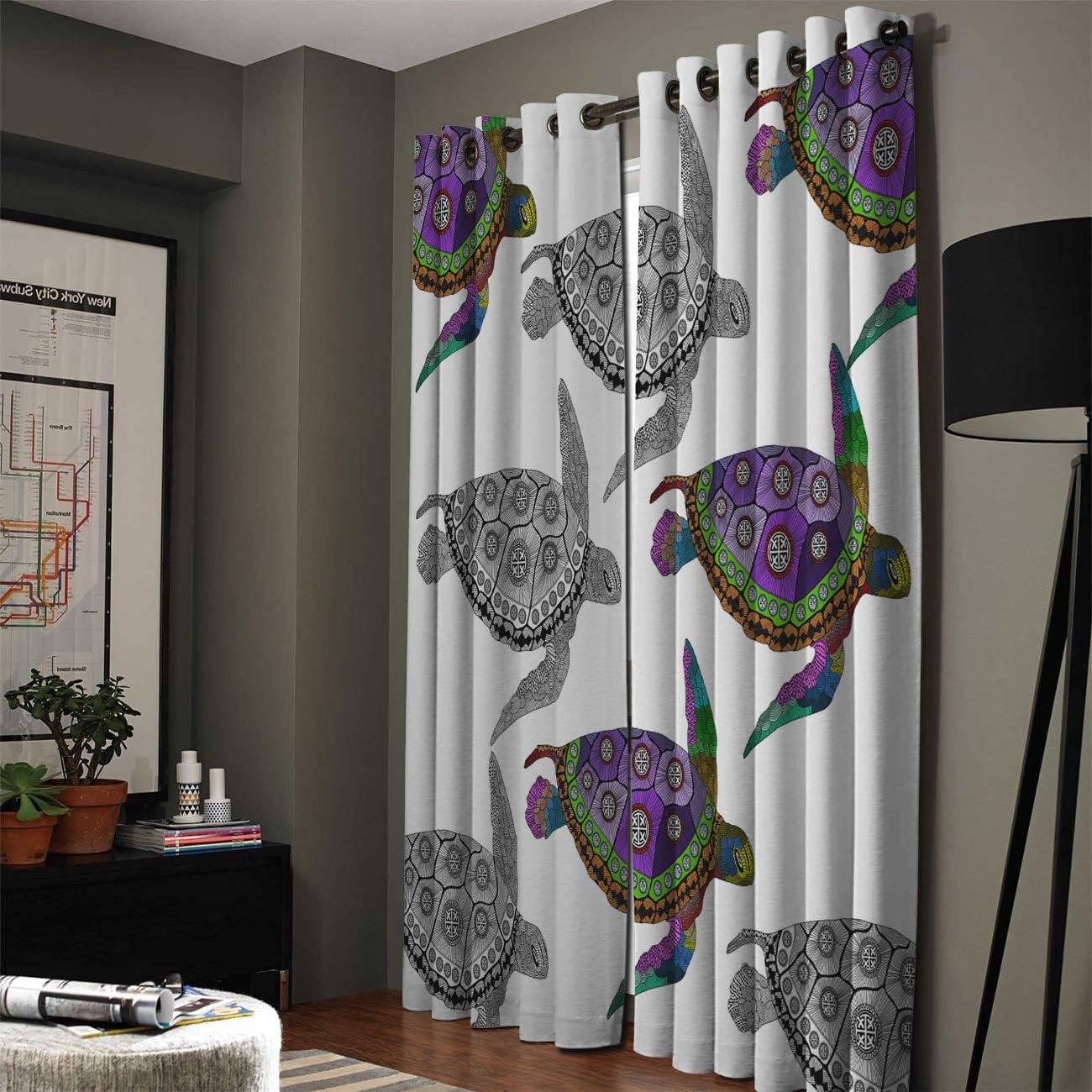 FortuneHouse – Cortinas opacas térmicas con diseño de tortuga marina, con ojales de metal sólidos, elegantes cortinas para habitación, ventana, para