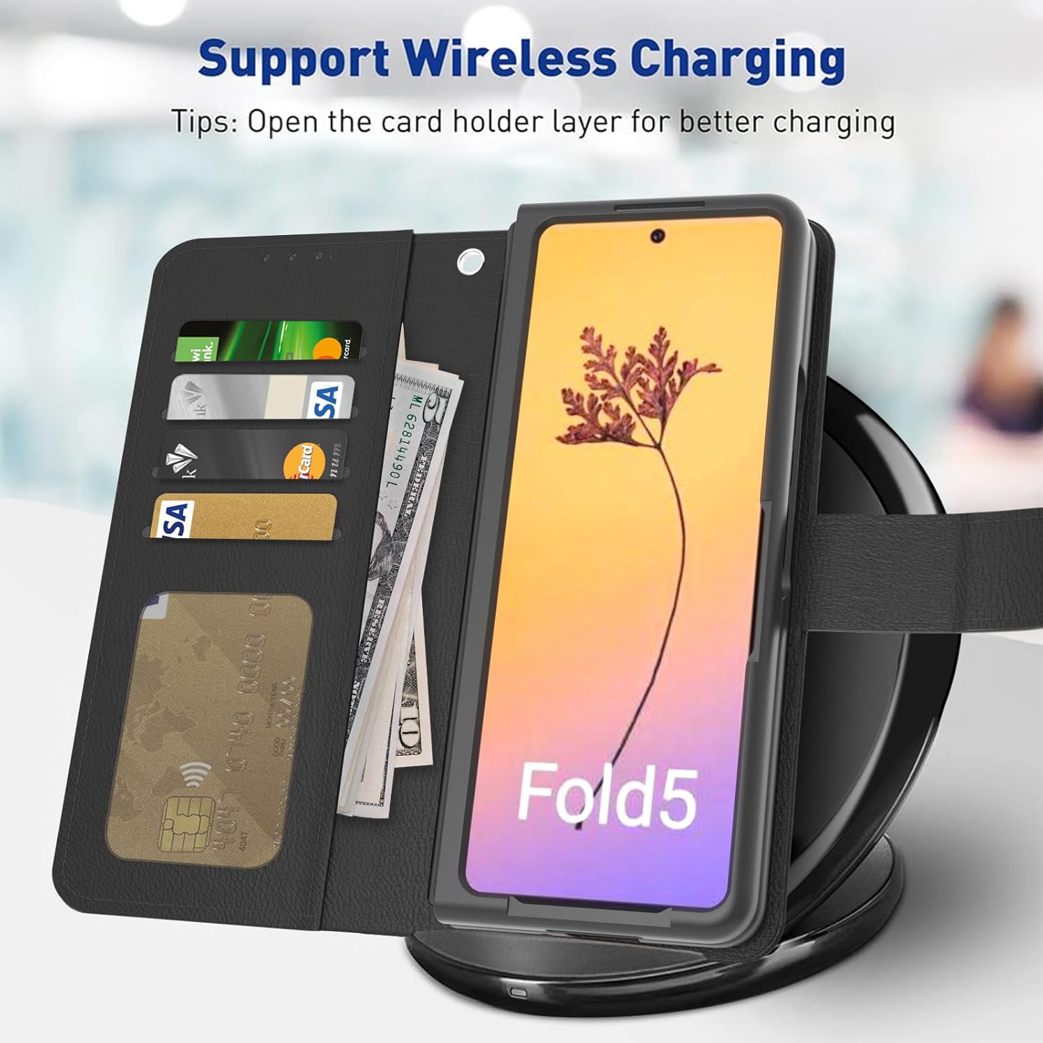 EnCases Funda para Samsung Galaxy Z Fold 5, cartera con correa de mano, piel sintética, 3 ranuras para tarjetas, color negro