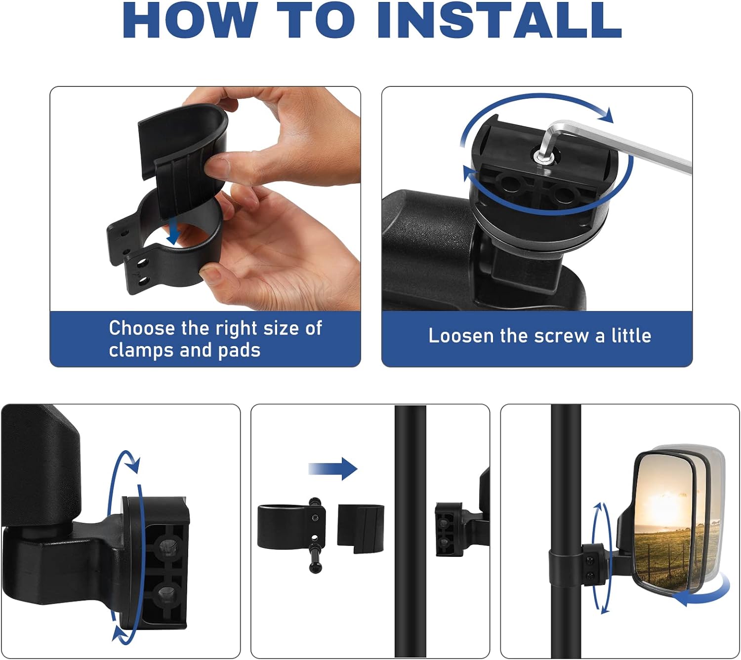 Espejos UTV, espejos laterales Esploratori UTV con barra de jaula enrollable de 1.65 a 2 pulgadas, espejo retrovisor ajustable con rotación de 360,
