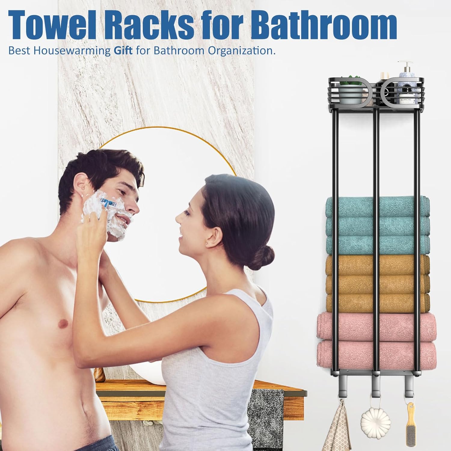 Toalleros para baño, toallero para baño montado en la pared con estante y 3 ganchos, toallero de baño, puede contener hasta 6 toallas de baño