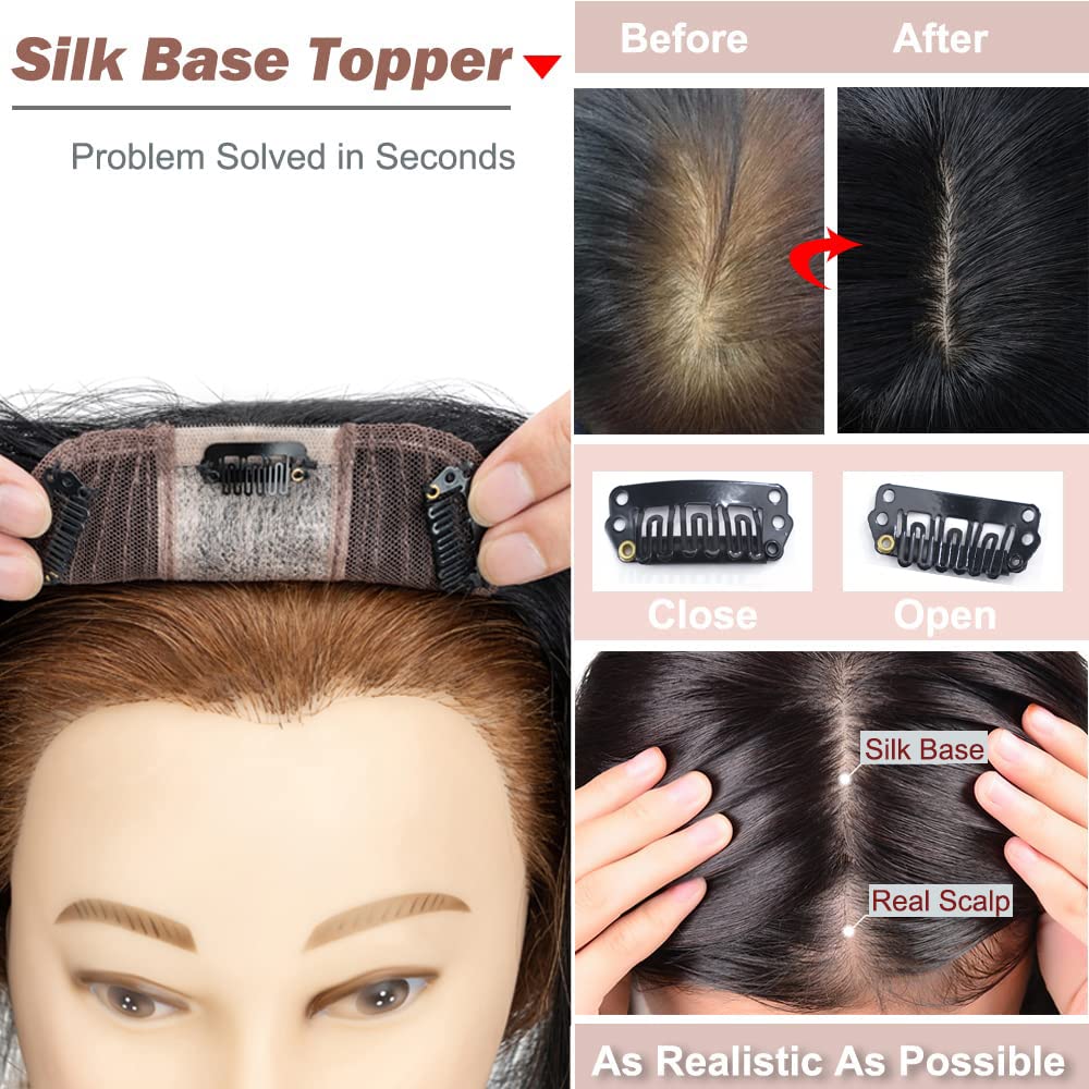 Hairro Extensiones de cabello humano con pinzas para mujer, 4 x 4.7 pulgadas, base de seda de 130 % de densidad, para pérdida de cabello, cabello