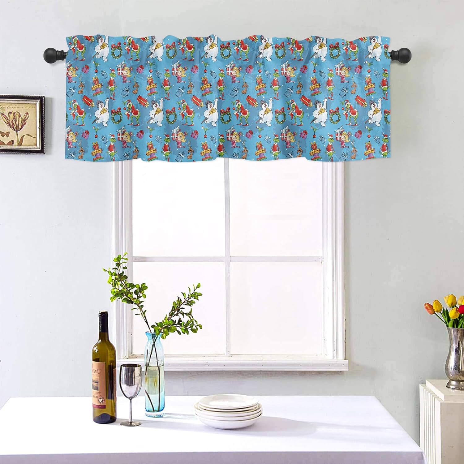 Cenefa navideña de muñeco de nieve y sonrisa para ventana de cocina, sala de estar, cortina de ventana de estilo retro para dormitorio, cenefa de