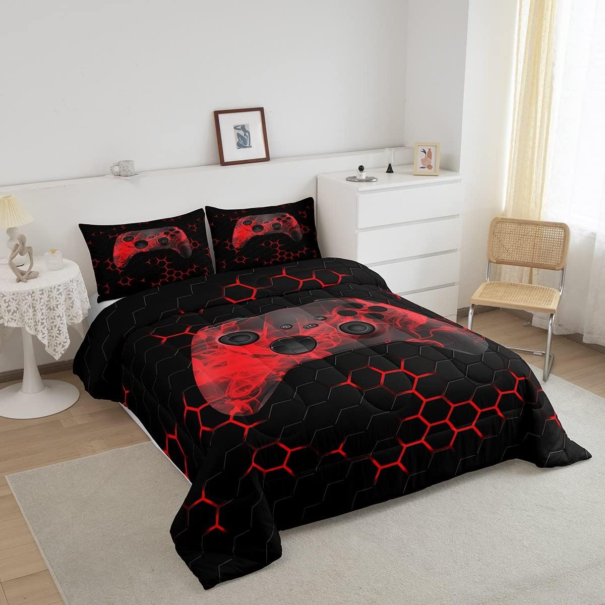 Erosebridal Juego de ropa de cama para niños y adolescentes, juego de edredón geométrico de panal hexagonal para niños, edredón de plumón con 1
