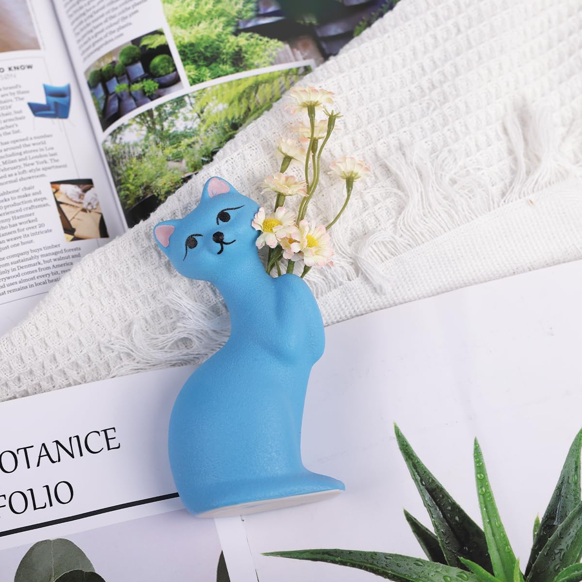 Jarrón de cerámica para gatos, florero azul, decoración multifuncional para jarrón y adorno, estatua de gato hecha a mano para sala de estar,
