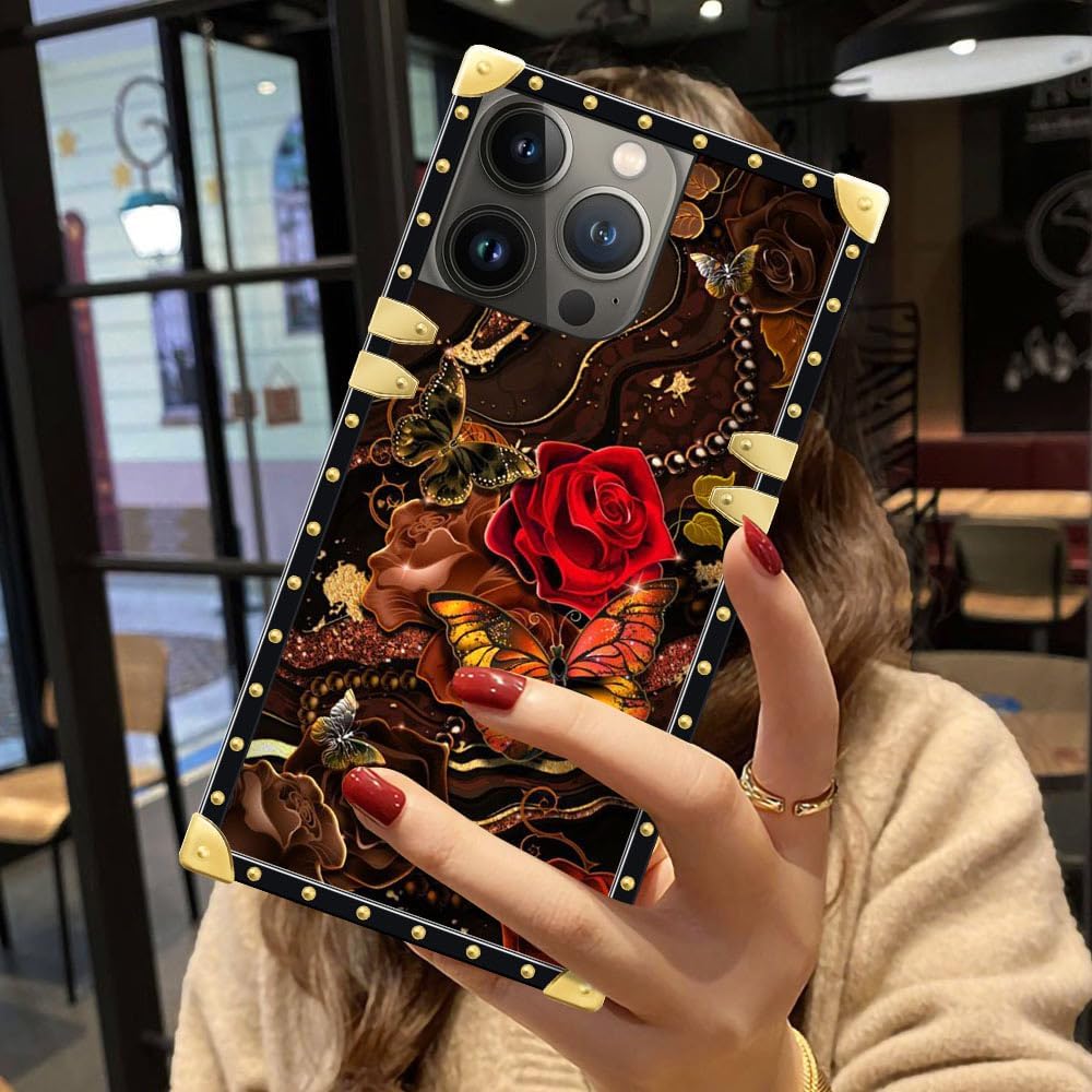 DAIZAG Funda compatible con iPhone 15 Pro Max, mariposa dorada de cártamo, para niñas y mujeres, decoración cuadrada de esquinas de metal,