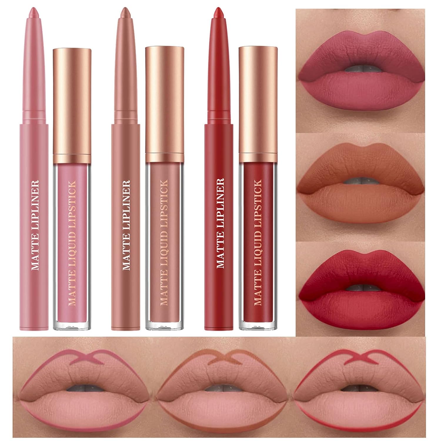 Juego de 6 delineadores de labios nude y lápiz labial, 3 lápices labiales líquidos mate aterciopelados + 3 delineadores de labios suaves a juego en