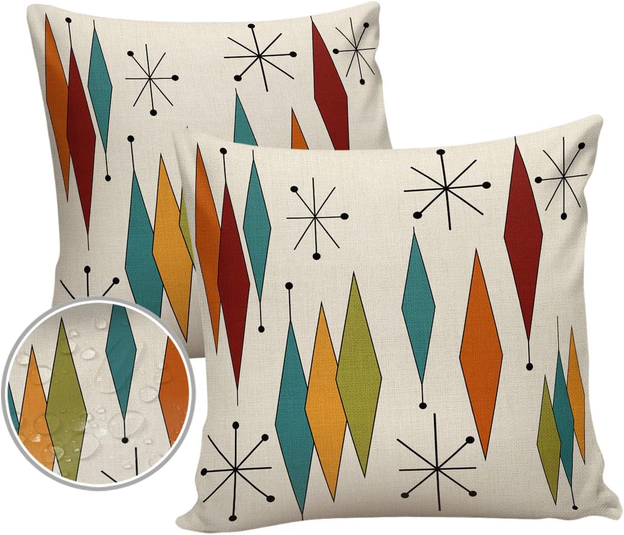 Paquete de 2 fundas de almohada cuadradas de 18 x 18 pulgadas, modernas de mediados de siglo, color rojo, naranja y verde azulado con diamantes