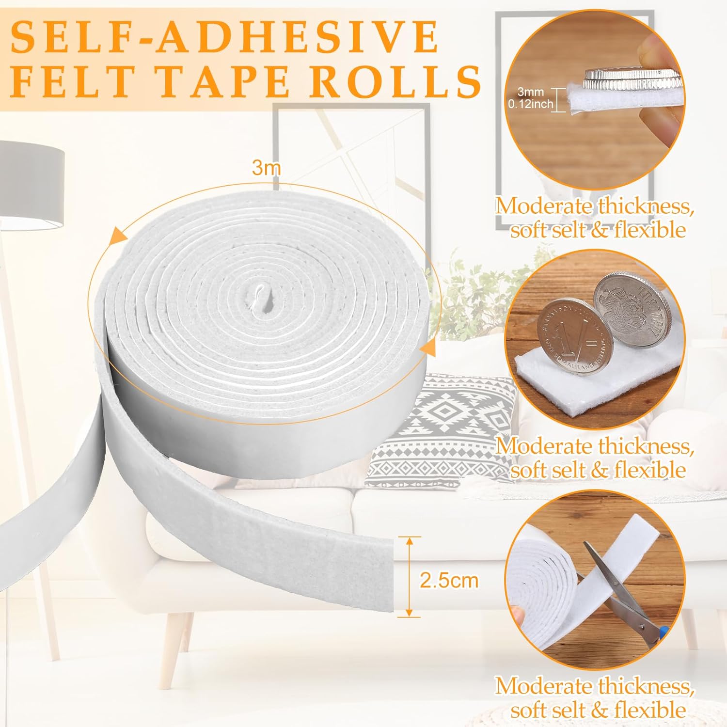 4 rollos de tiras de fieltro de 120 pulgadas con cinta adhesiva de fieltro para muebles, rollos de tiras de fieltro autoadhesivas, poliéster