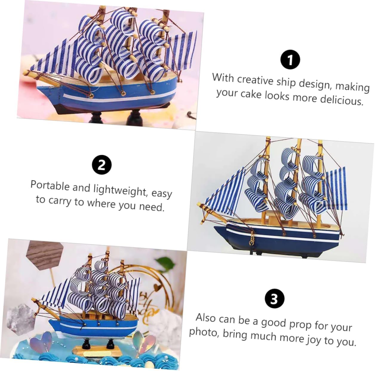 SUPVOX 3 Pcs Sailing Boat Cake Decoration Graduation Pirate Ornament Coastal Nautical Decor Sailboat Ornament Wood Sailboat Model Cupcake Picks Cake