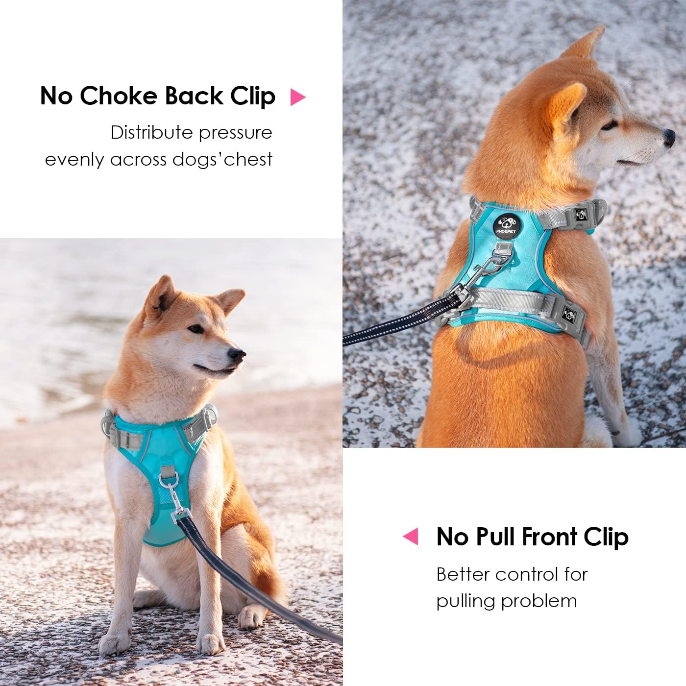 PHOEPET – Arnés para perro sin tirones, reflectante y ajustable, de colores, asa de entrenamiento, clips de metal, perros pequeños, medianos y
