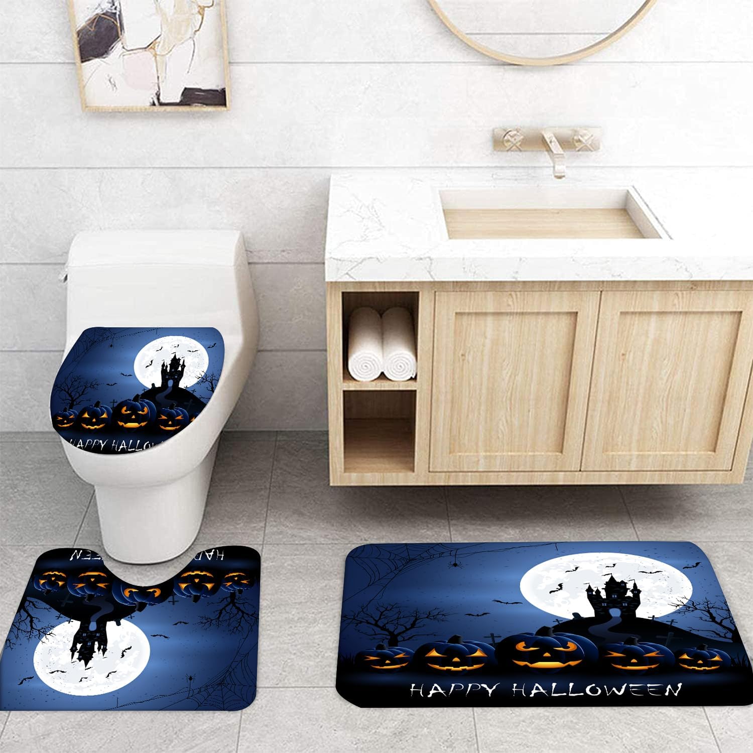 Juego de 4 cortinas de ducha de Halloween, cortinas de ducha, alfombras de baño antideslizantes, funda de inodoro, tapete de baño, decoración de