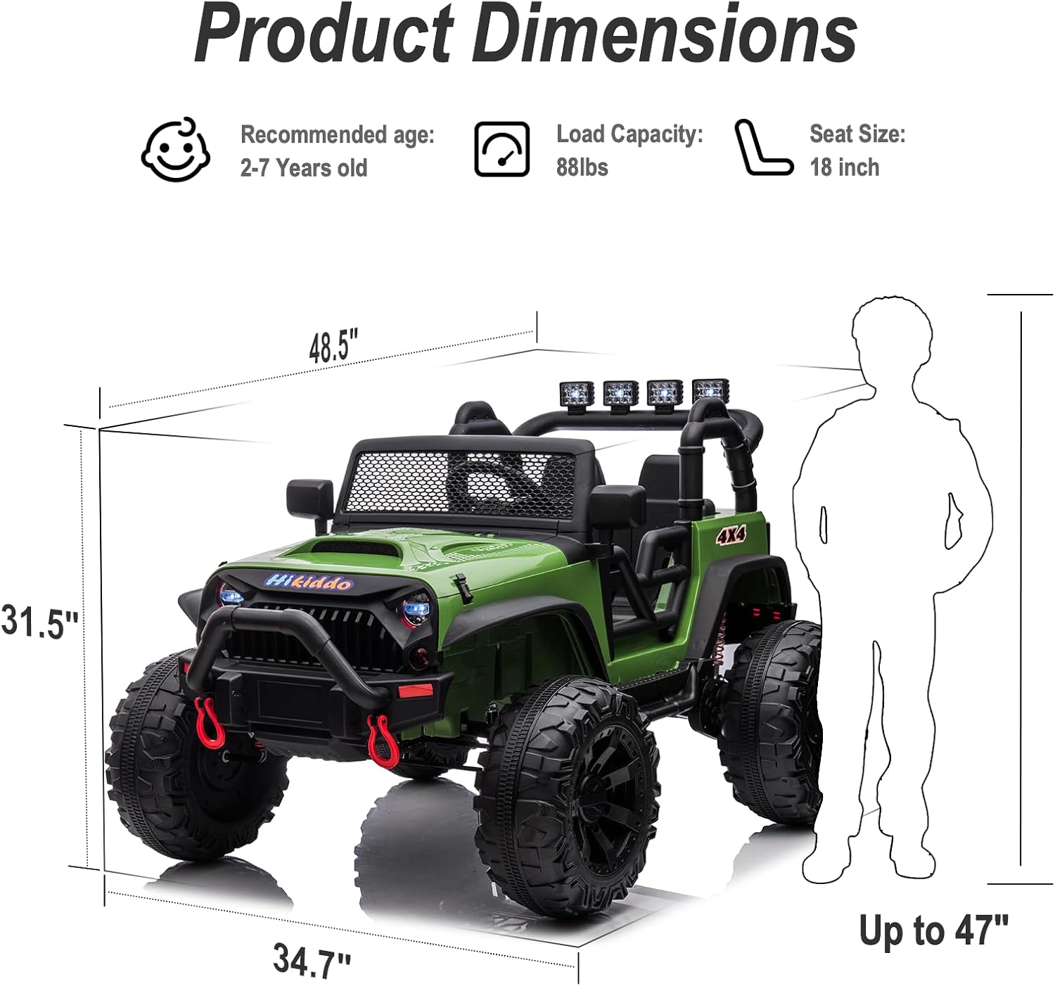 Juguete de paseo de 12 V 4WD para niños grandes, camión de 2 plazas para niños con control remoto, Bluetooth, verde militar