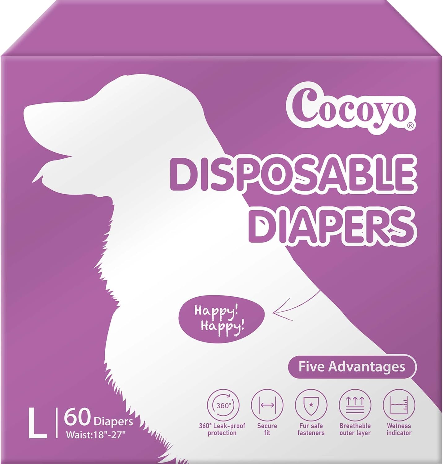 COCOYO Pañales desechables para perras, pañales para perras, pañales para cachorros, súper absorbentes, transpirables, indicador de humedad (L, 60)