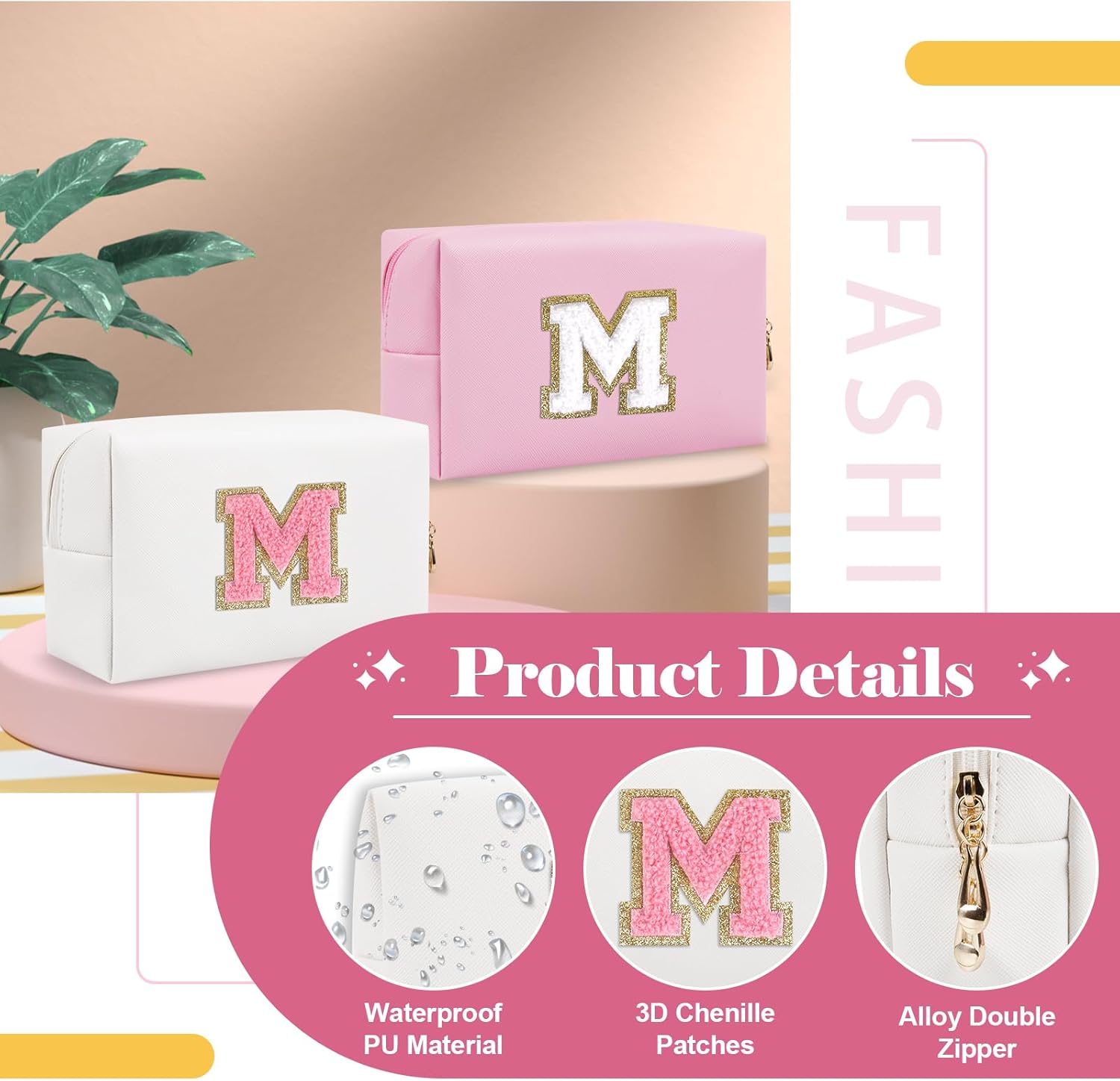 Bolsa de maquillaje personalizada con inicial A-Z, pequeña bolsa de cosméticos de viaje de piel sintética con cremallera, bonita bolsa de aseo