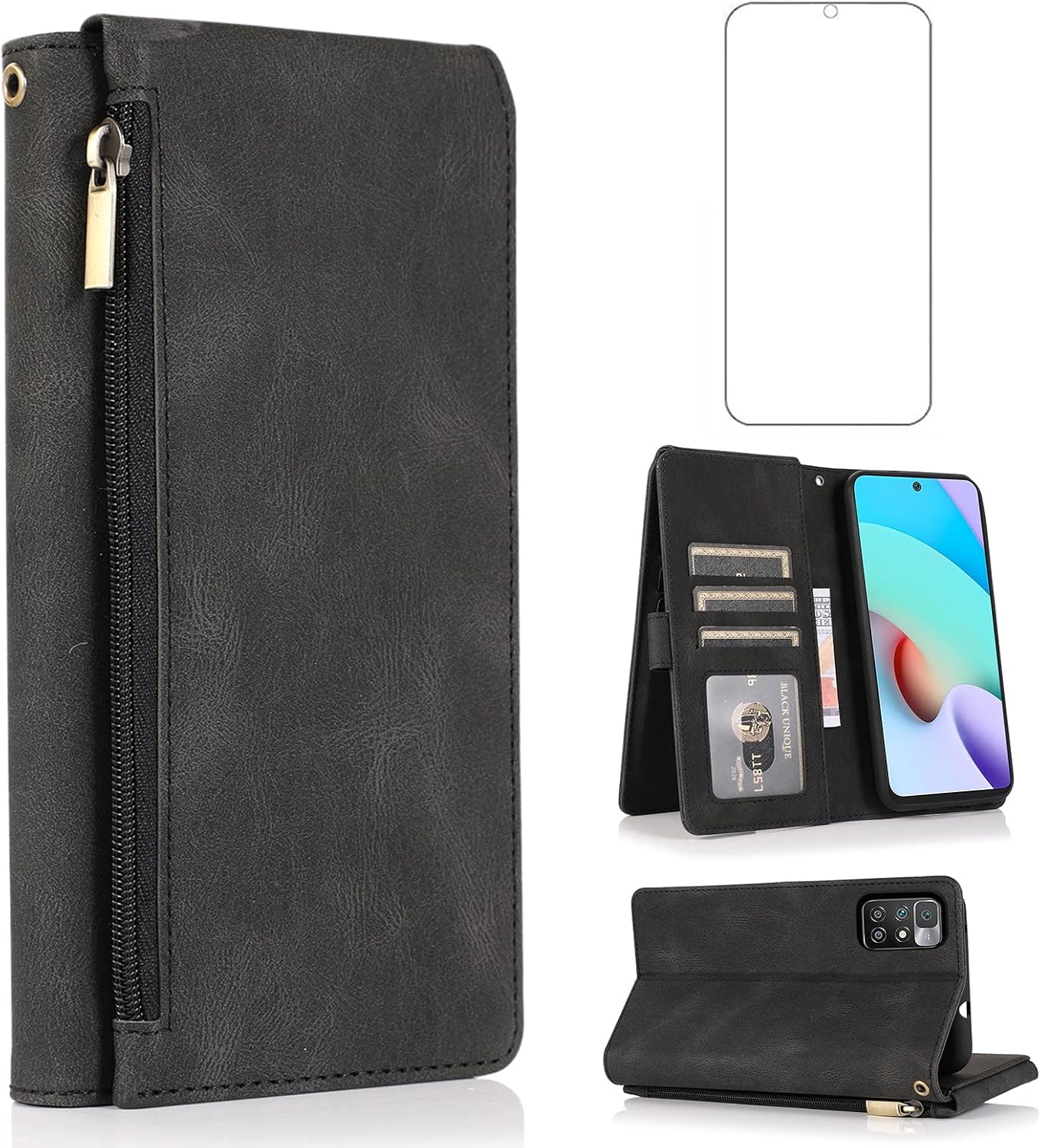 Asuwish Compatible con Xiaomi Redmi 10Redmi10 Prime – Funda tipo cartera de vidrio templado, protector de pantalla con cremallera, funda de cuero