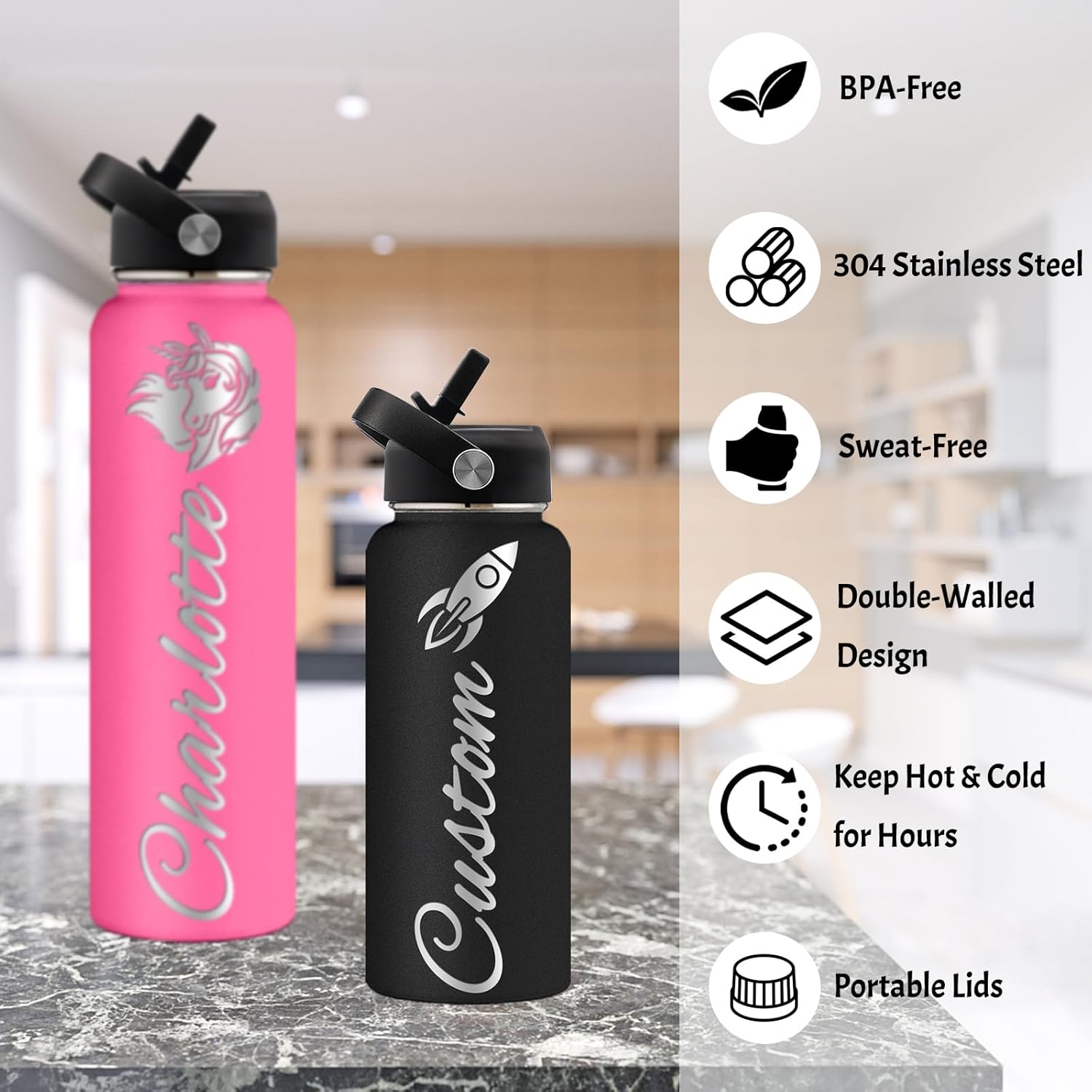 Botella de agua personalizada con aislamiento personalizado con tapa con popote, botellas de acero inoxidable grabadas personalizadas de 40 onzas