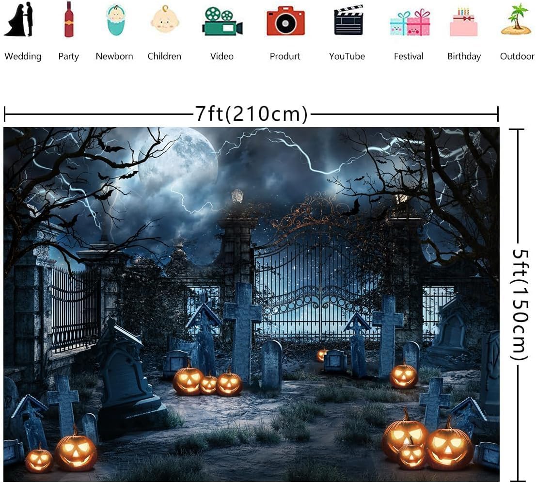 WOLADA Telón de fondo de Halloween de 7 x 5 pies, telón de fondo espeluznante para cementerio, telón de fondo de luna llena, terror, nube oscura,