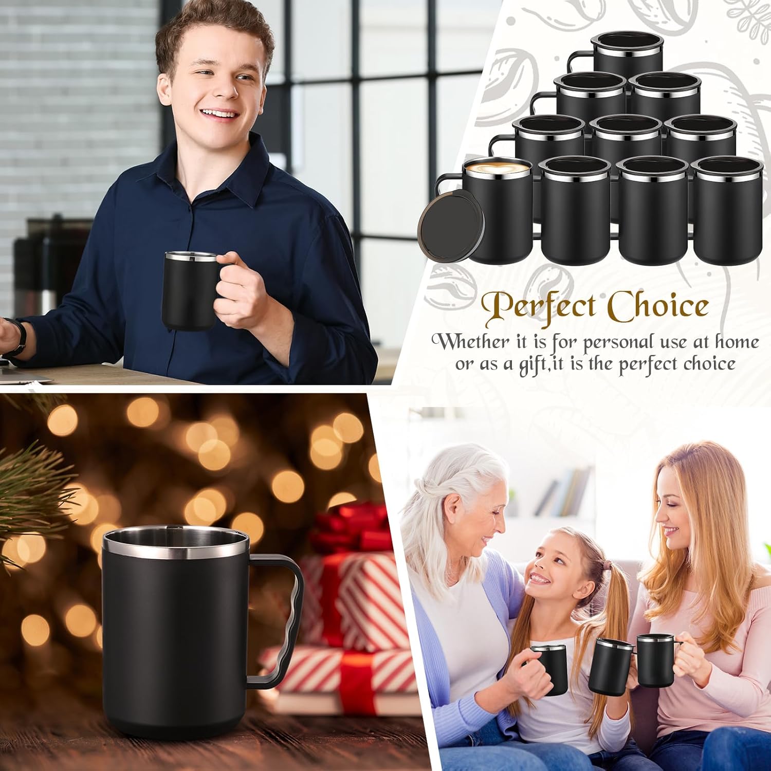 10 tazas de viaje de café reutilizables con aislamiento al vacío con tapa y asa, taza aislada de 17 onzas, taza de acero inoxidable de doble pared