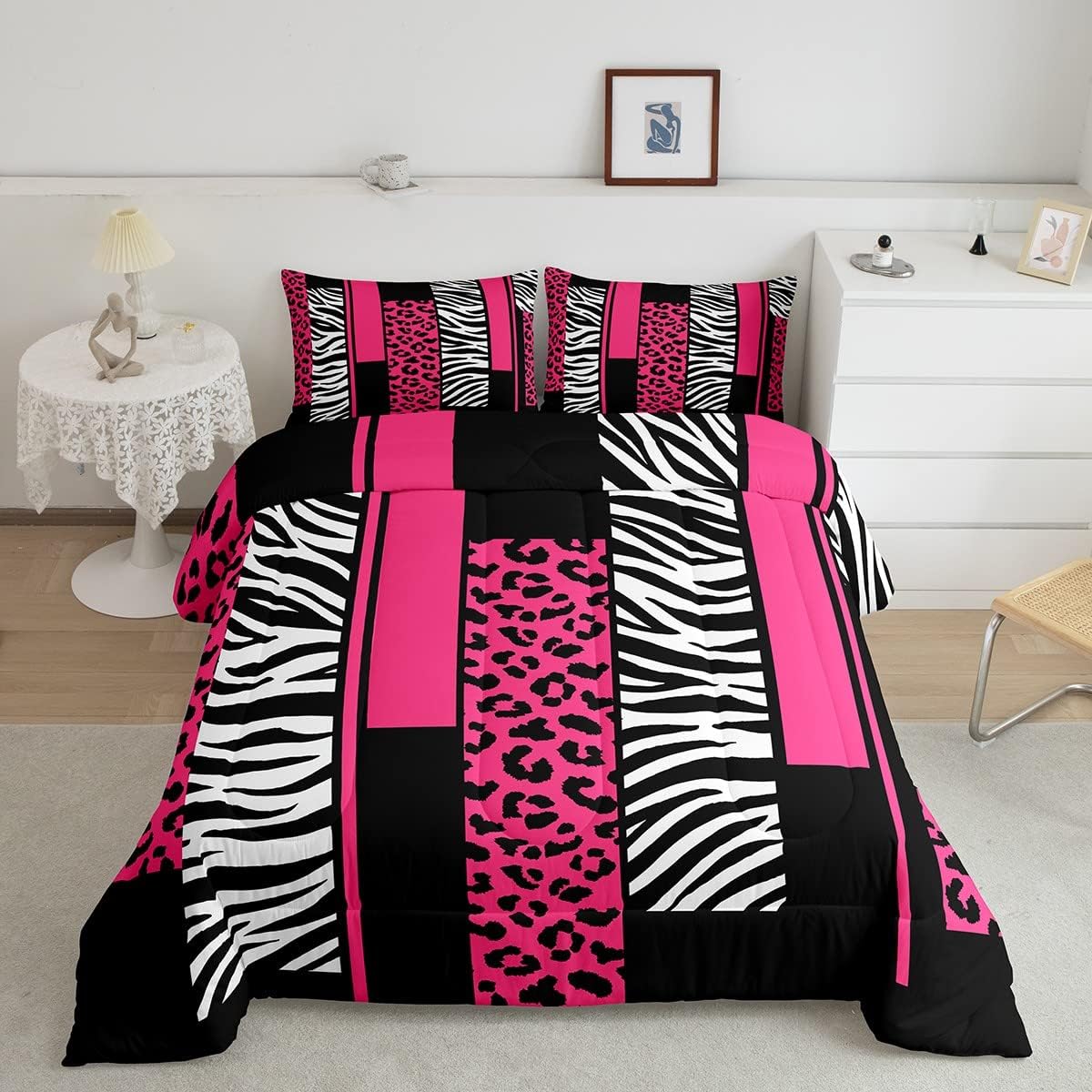 Feelyou Juego de edredón de cebra de leopardo, tamaño individual, para niños, rosa, blanco, negro, para niños, adolescentes, juego de ropa de cama