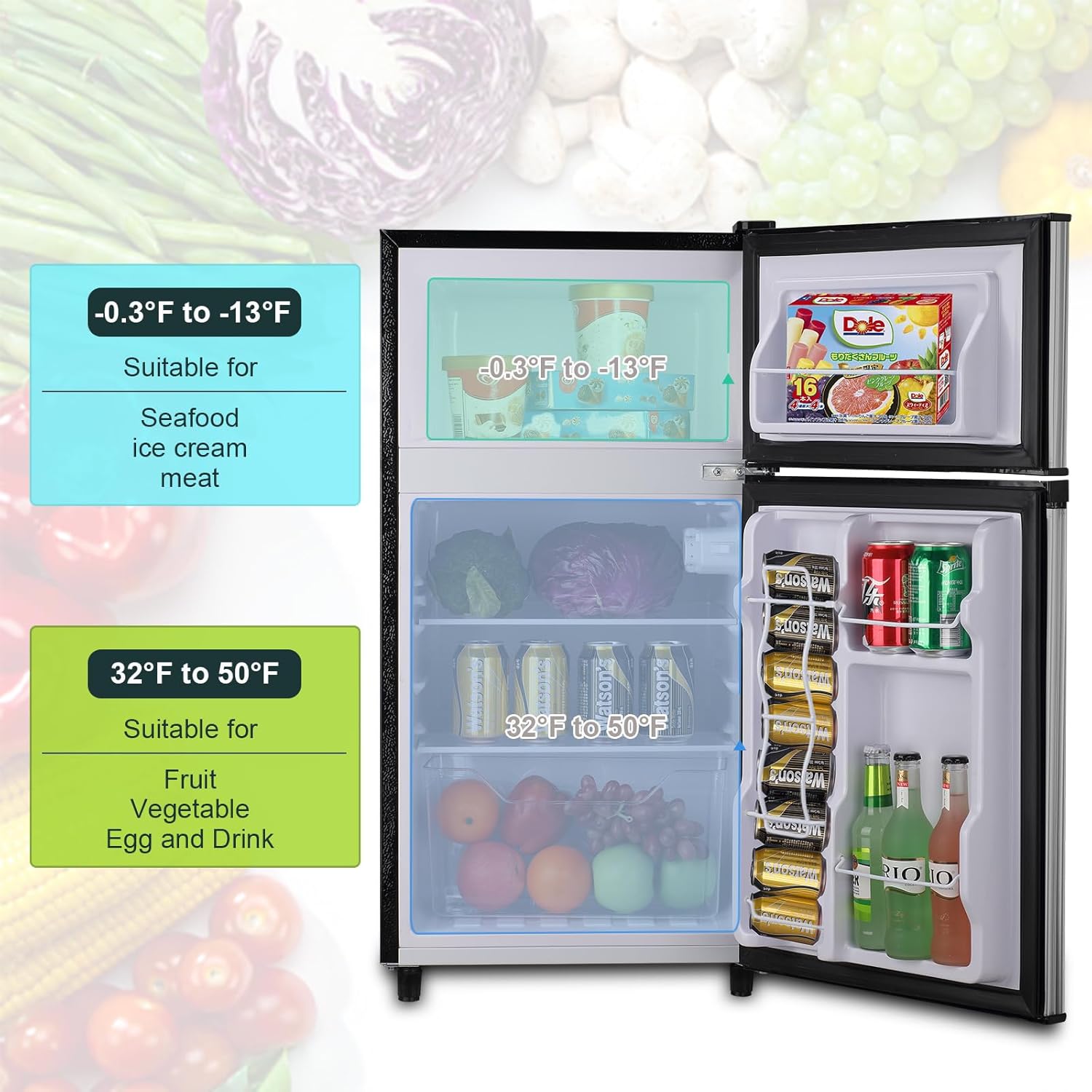 WANAI Refrigerador compacto de 3.5 pies cúbicos con congelador, refrigerador pequeño con 7 modos de temperatura, ahorro de energía, bajo ruido para