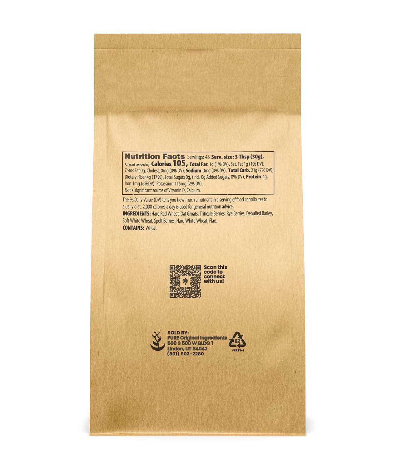 Pure Original Ingredients Harina de 9 granos (3 libras), pan, masa, almacenable, transportable, sin aditivos ni rellenos