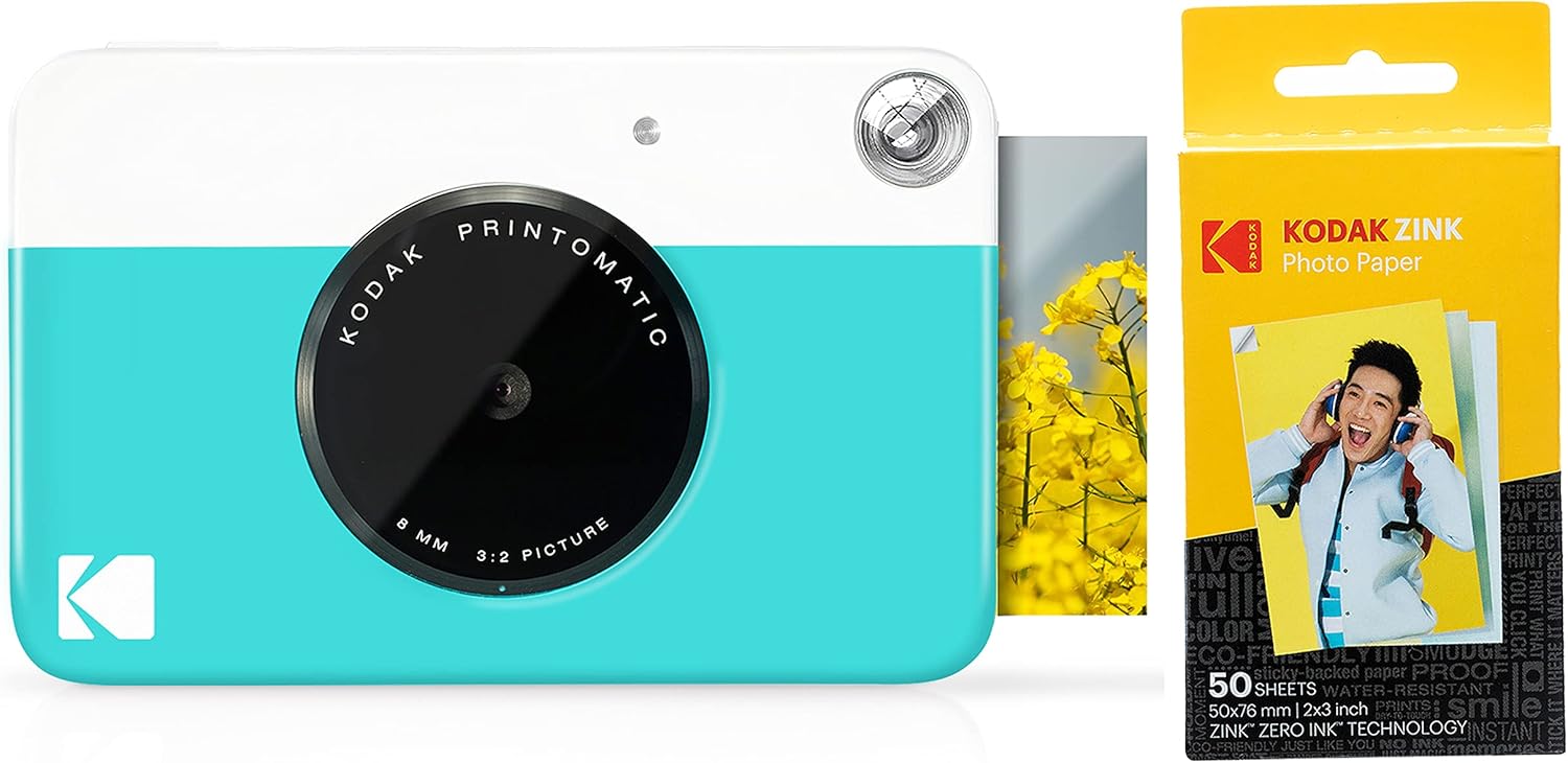 Zink Kodak PRINTOMATIC Cámara digital de impresión instantánea (azul) con papel fotográfico Kodak de 2 pulgadas x 3 pulgadas (50 hojas)